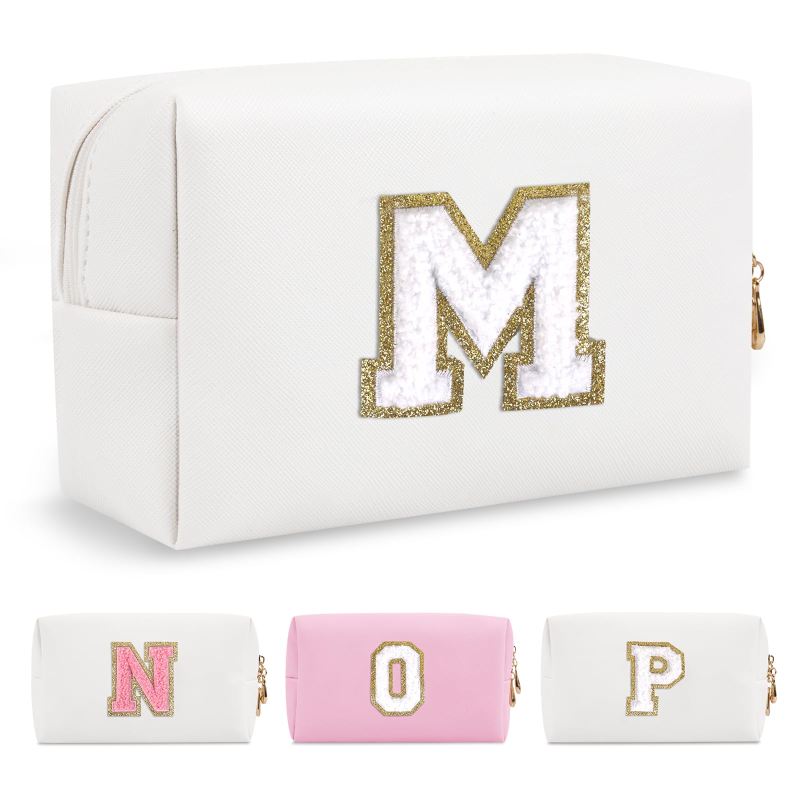 Small Personalized Initial A-Z Preppy Patch Makeup Bag,White PU Chenille Letter Travel Cosmetic Pouch with Zipper,Cute Toiletry Bag,Gift Ideal for Teen Girls Women Teacher Bridesmaid,Letter M