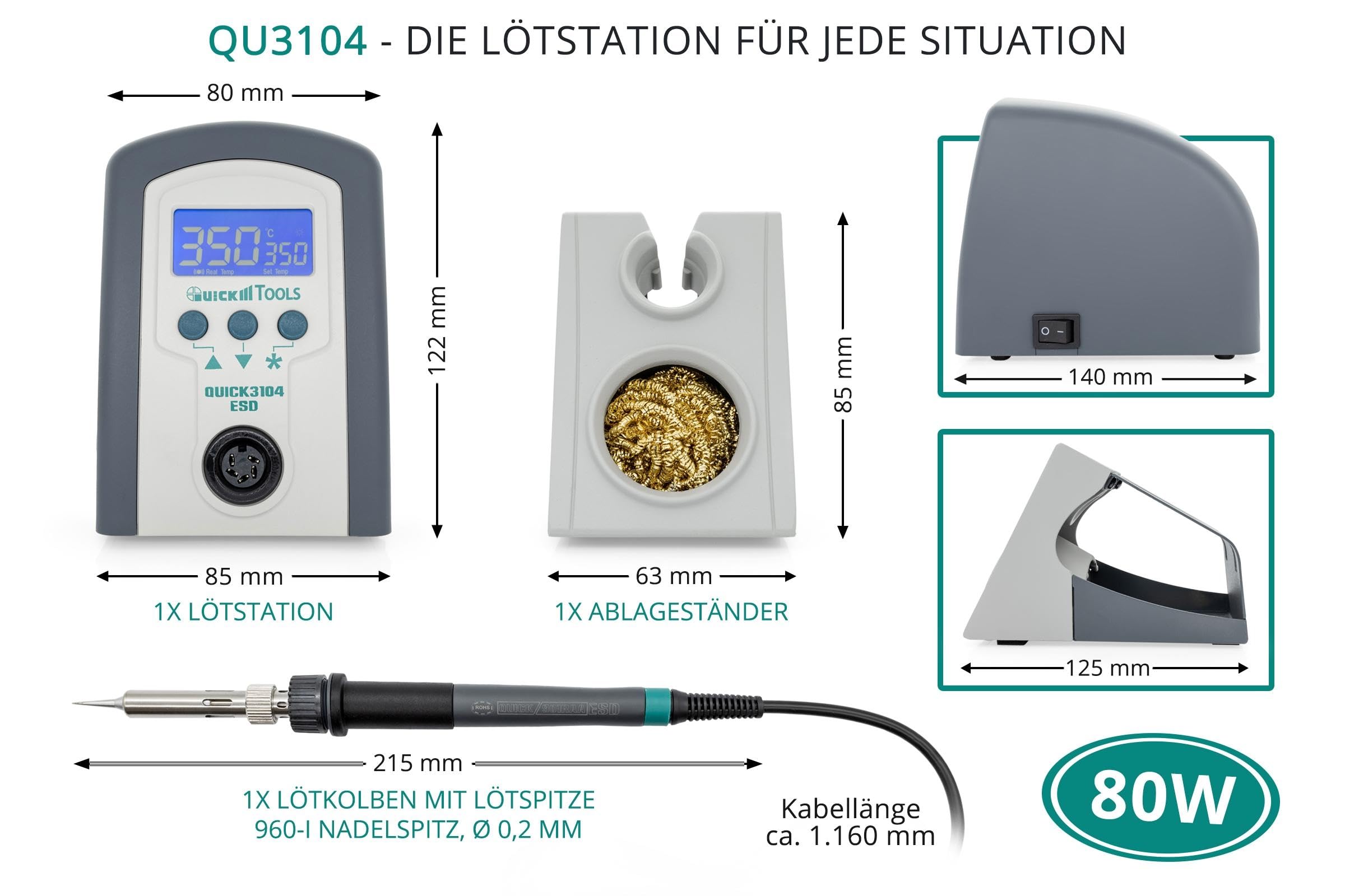QUICK 3104 - Stazione di saldatura ESD regolabile digitale, 80 Watt, con saldatore con punta di saldatura da 2 mm e accessori, calibrabile da 100° a 450° C, protezione ESD