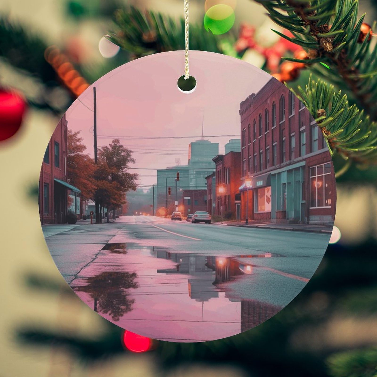 Romantic Scene Christmas Ornament for Christmas Tree Ceramic Round Ornament Winter Holiday Keepsake Gift 2.7" Christmas Tree Hanging Decorations Circle Ceramic Pendant Xmas Gift