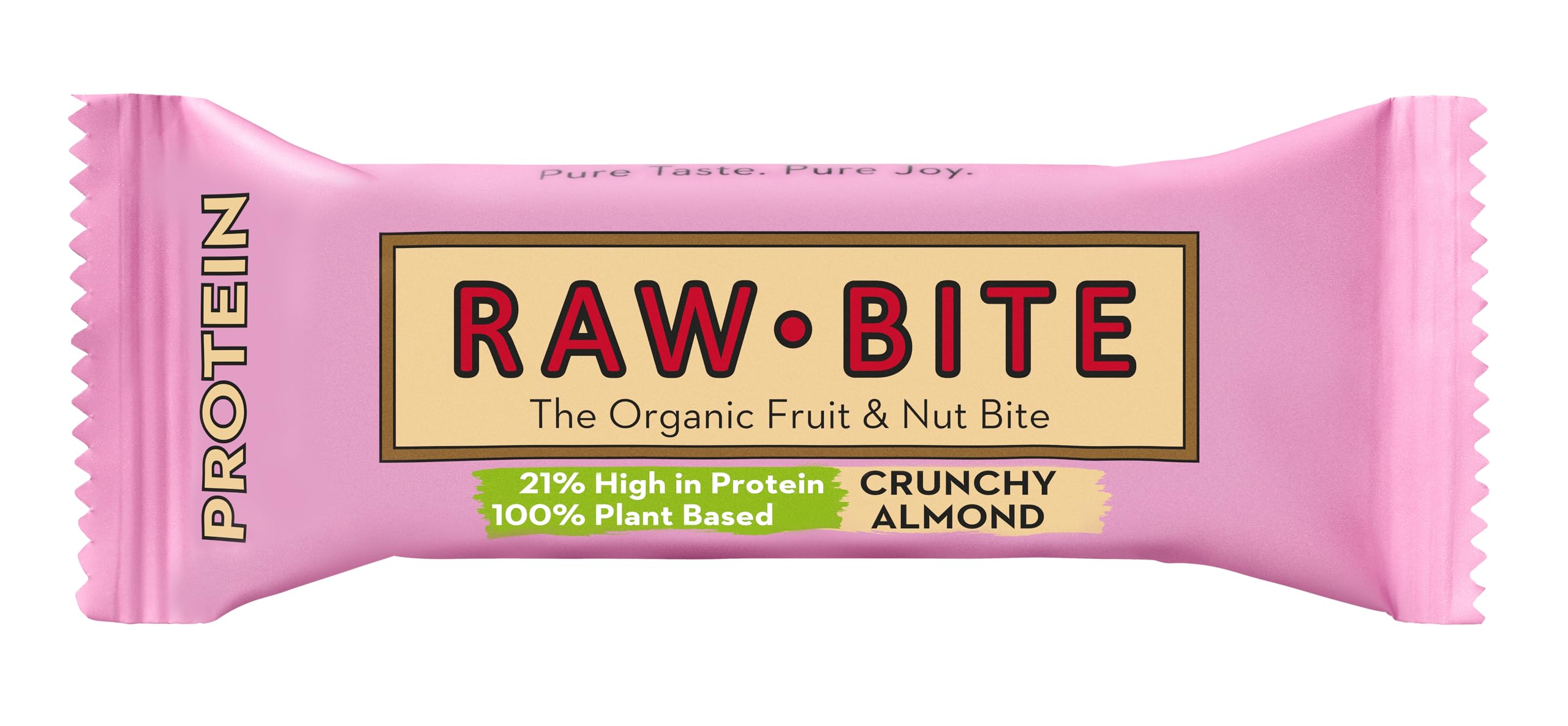 Raw Bite Protein Riegel Crunchy Almond mit 21g Eiweiß High in Protein 12 Bio Proteinriegel in Vorteilsbox mit Reisprotein, Datteln, Mandeln, Kürbiskernen & Kakao , 12 x 45 g