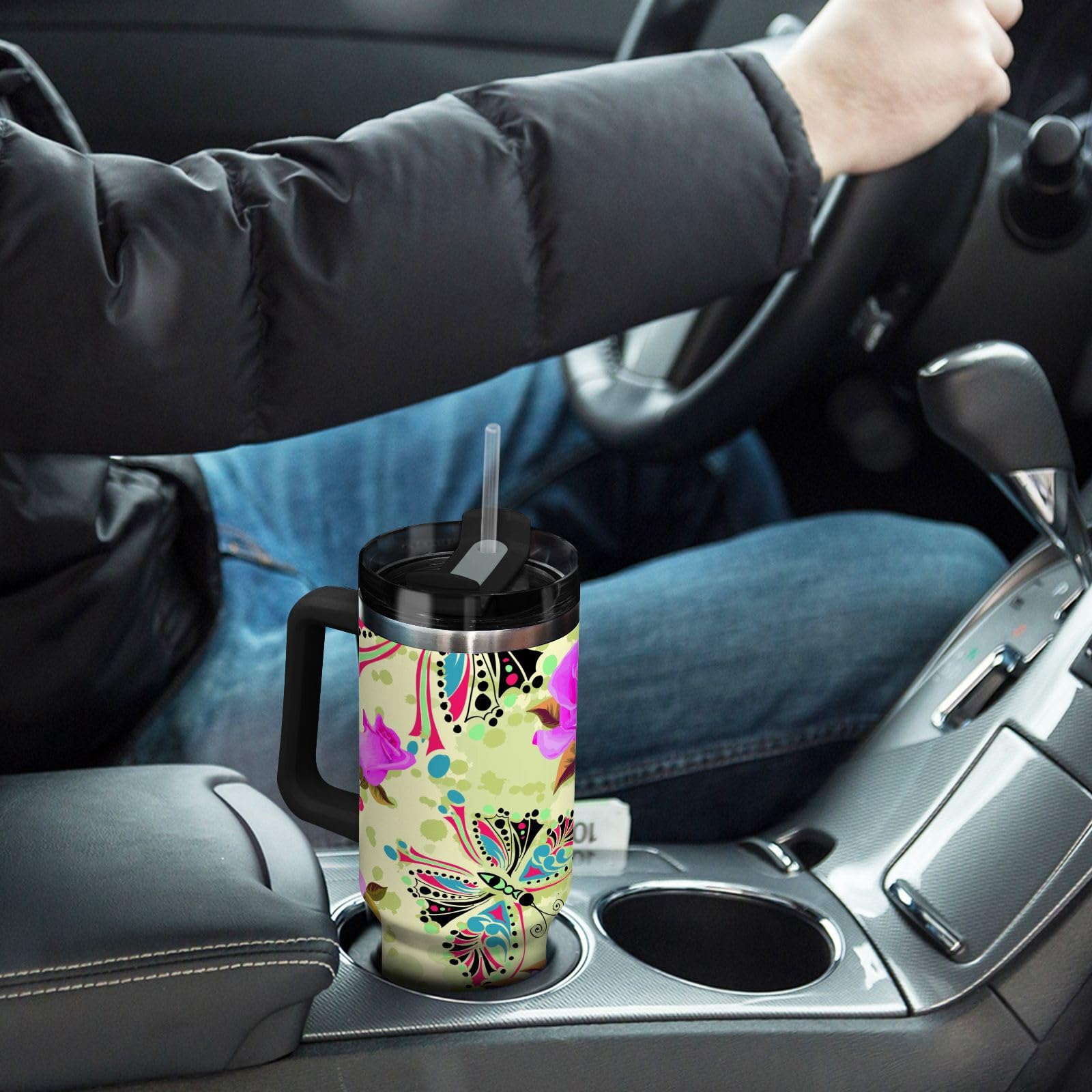 Isolierter Becher mit Blumenmotiv und Schmetterling, doppelwandig, Edelstahl, Wasserflasche, Kaffeetasse, Reisebecher mit Griff, Strohhalm-Deckel