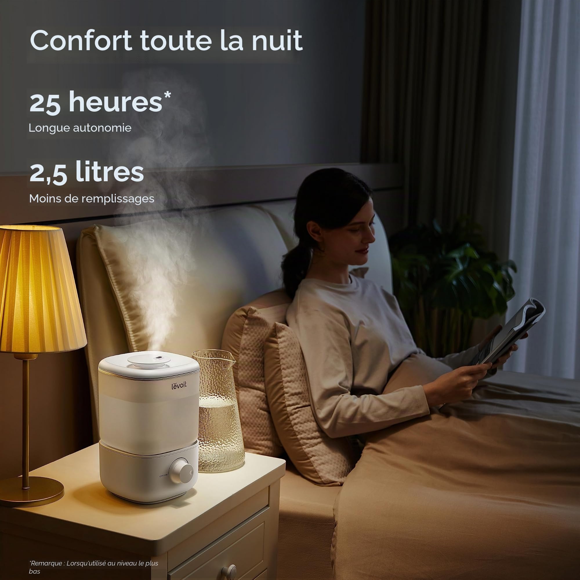 LEVOIT Humidificateur de remplissage supérieur pour chambre à coucher, réservoir de 2,5 L pour grande pièce, facile à remplir et à nettoyer, humidificateur d'air silencieux de 26 dB pour maison, bébé,