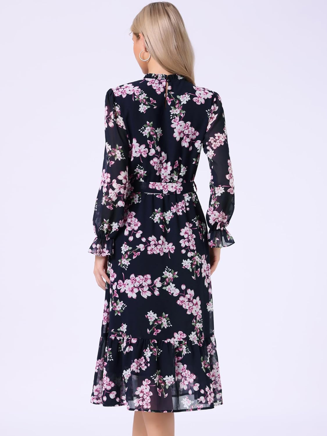 Allegra K Fall Casual Floral Dress for Women 2025 Long Sleeve Crew Neck Chiffon Midi Tea Party Ruffle Dresses - Image 3