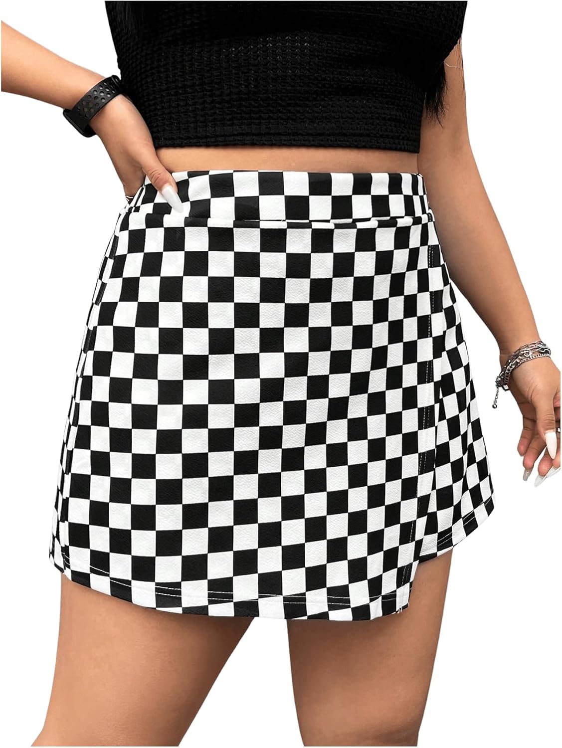 WDIRARA Women's Plus Size Plaid Checkered Skorts Elastic Waist Wrap Asymmetrical Skirt Shorts