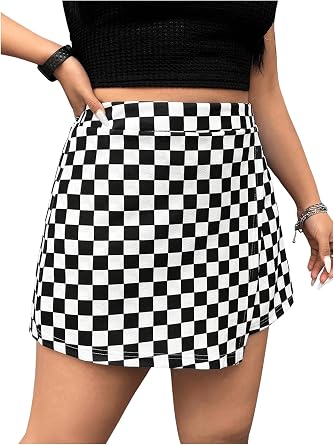 WDIRARA Womens Plus Size Checkered Skorts Wrap Asymmetrical Gothic Skirt | Elastic Waist,Plaid,,Halloween,Zebra Pattern,Checker