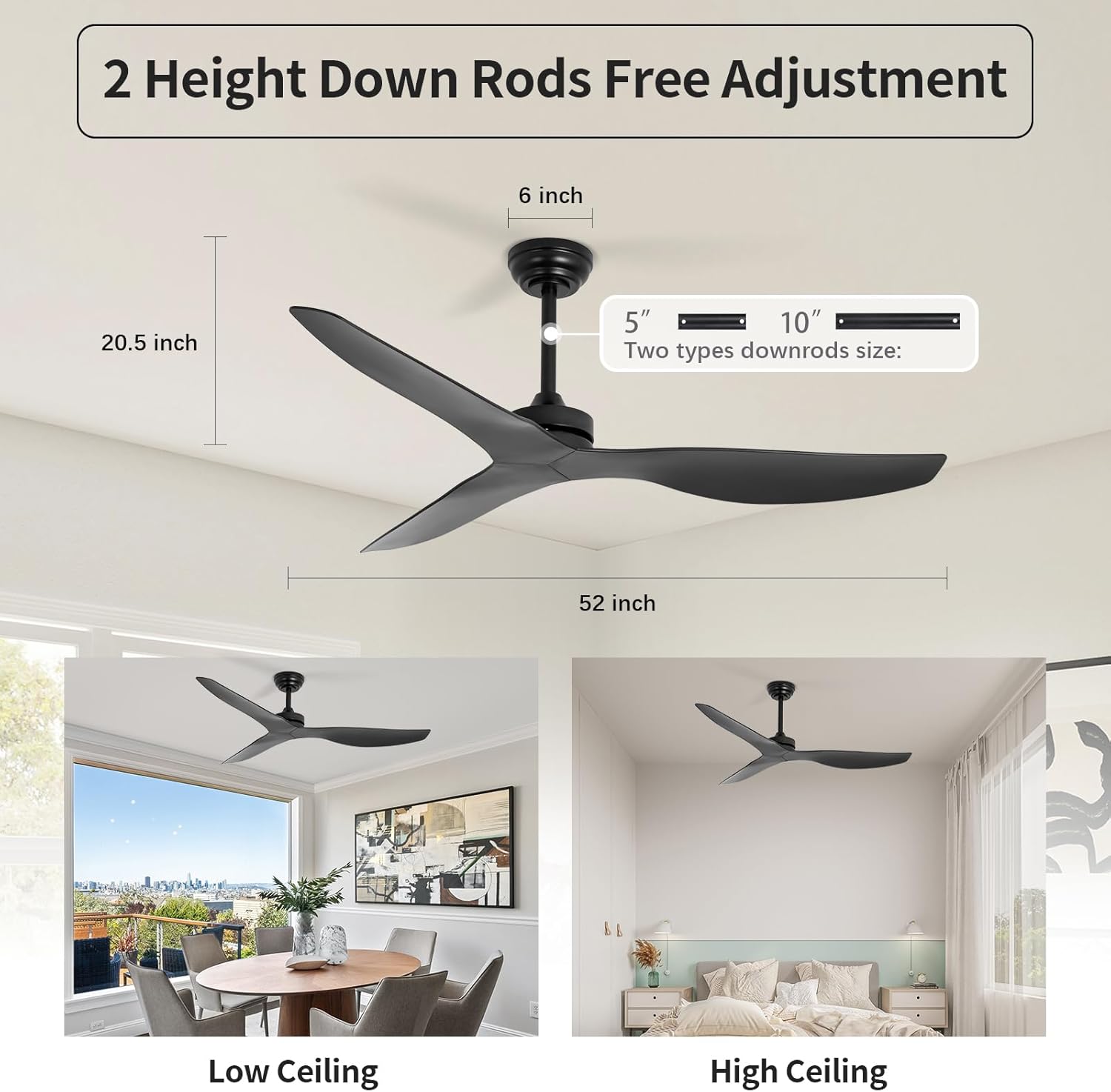 52-Inch Black Outdoor Ceiling Fan No Light with Remote