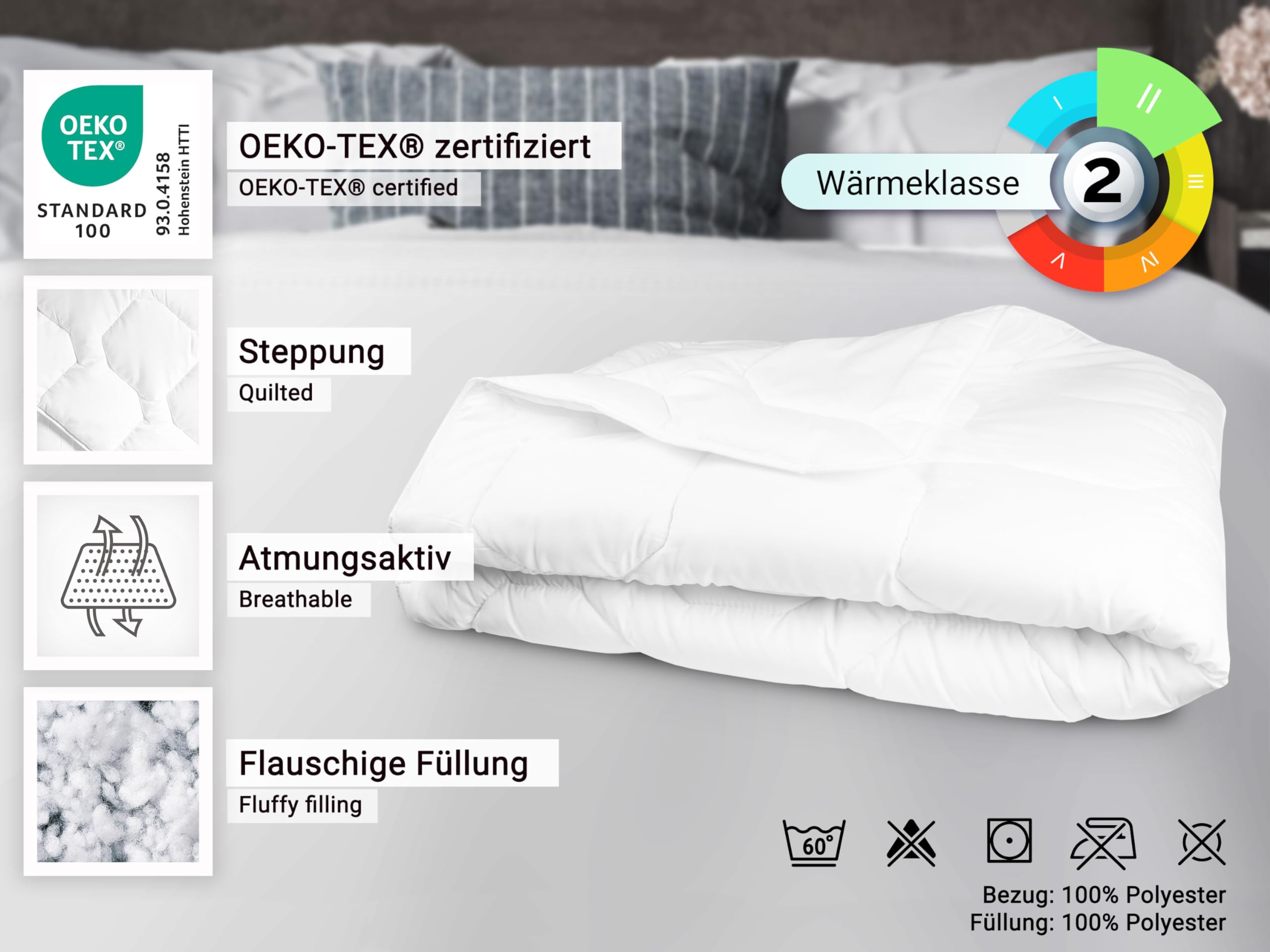 ZOLLNER dünne Sommerdecke aus Polyester - atmungsaktive Füllung - 220x240 cm - Made in Europe - waschbar bis 60°C - Wärmeklasse 2 - Oeko Tex® Zertifiziert