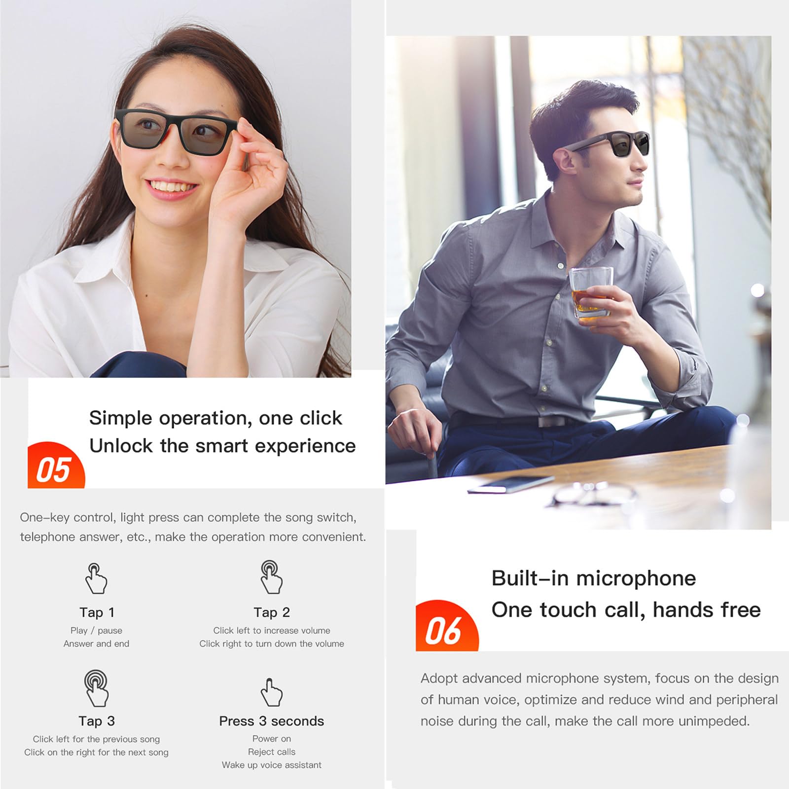 Lunettes Bluetooth intelligentes, Conversation IA, Traduction en Temps réel, Audio Bluetooth, Assistant Vocal de réveil, Lunettes de Traduction IA, pour Voyages, Affaires et études,B