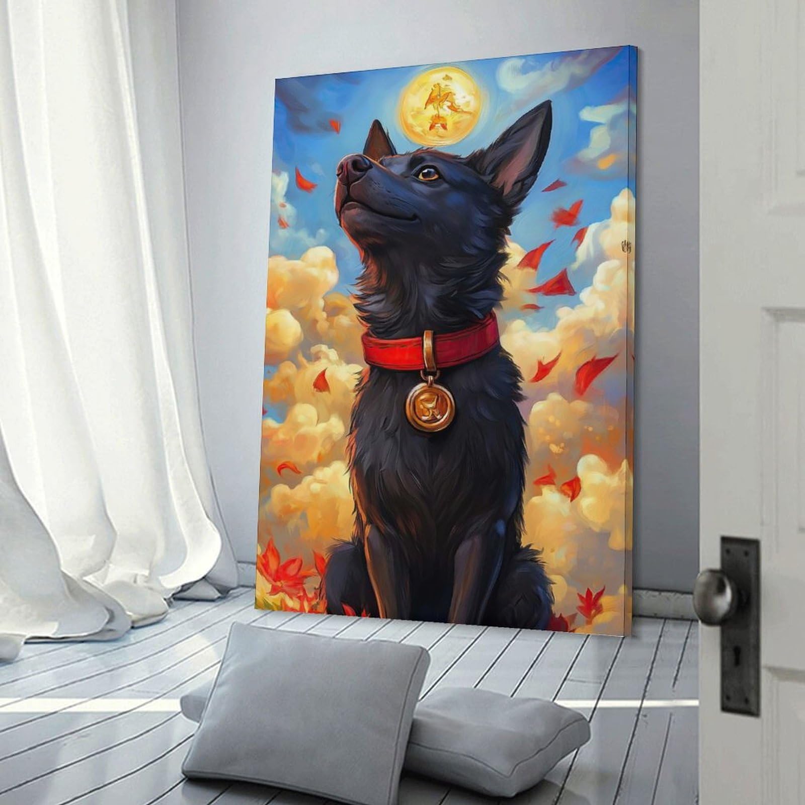 Junmoney Wall Decor Canvas Print Black Dog with Golden Medallion, 20x30inch(50x75cm), for Study, Office Or Focused Interiors, Wall Art That Adds Style to Work Areas
