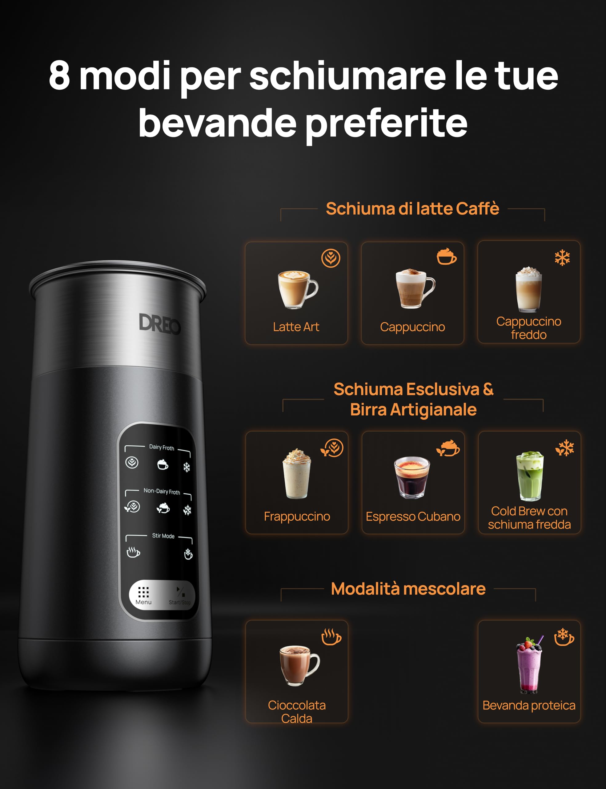 DREO Montalatte Elettrico, 8-in-1 Montalatte per Latte, Cappuccino, Cioccolata Calda, 270ml Milk Frother in Acciaio Inossidabile per Schiuma Calda e Fredda, LED, Facile da Pulire