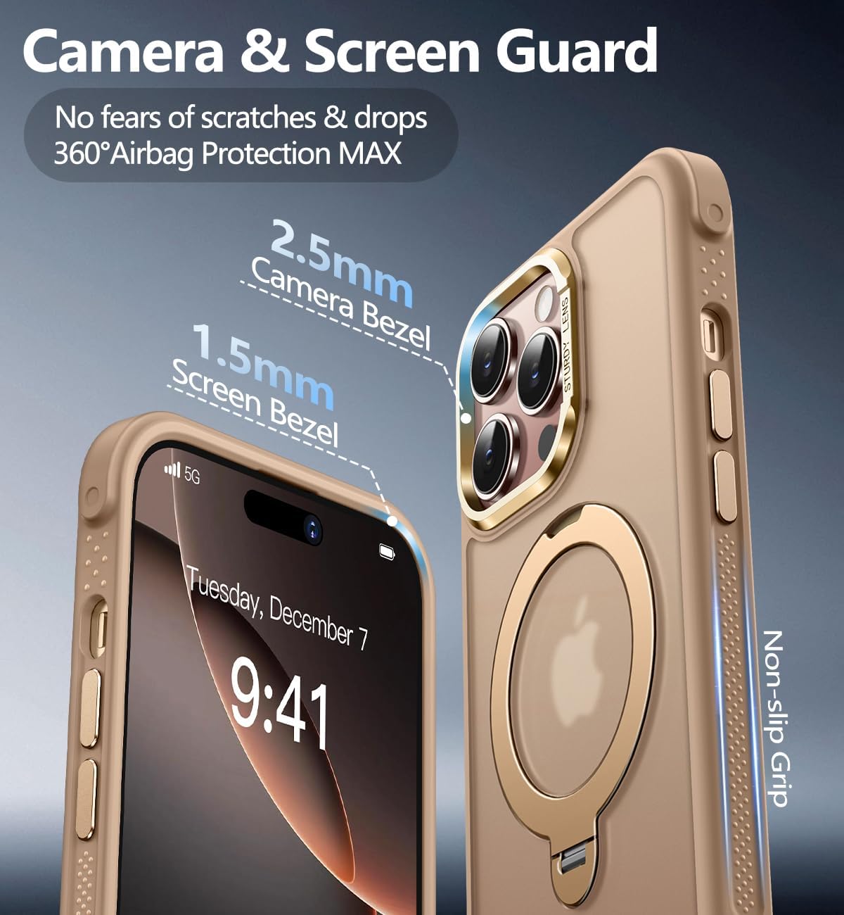 Reukdnv [Invisible 360° Spin Stand Magnetic Ring for iPhone 14 Pro Case [Compatible with MagSafe][Translucent Matte Back] Military Drop Protection Shockproof Cover with Kickstand 6.1", Desert Gold - Image 5