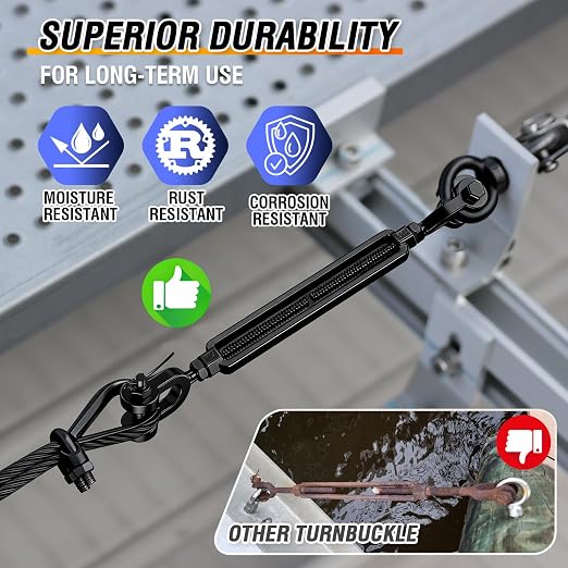 2 unidades de tensor de cables tipo mandíbula-mandíbula de acero inoxidable 304 con recubrimiento negro electrolítico, 1/2 pulgada, para tensado de cables, toldos, barandillas y cercas miniatura 6
