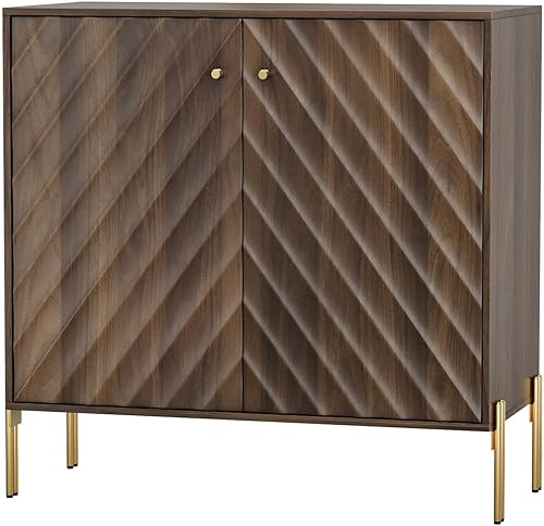 Aparador con estante ajustable, gabinete de buffet independiente de nogal con almacenamiento, gabinete de almacenamiento de madera con líneas