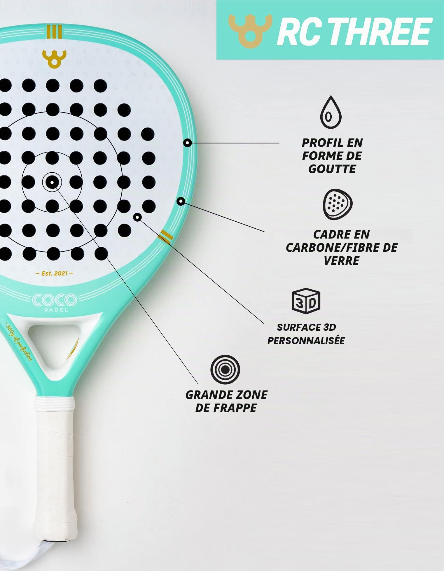 RC Three Raquette de Padel | Surface Carbone 3K | Noyau EVA Soft | Cadre Fibre de Verre & Carbone | Contrôle & Puissance | Niveau Confirmé | Goutte d'eau | Bleu & Or