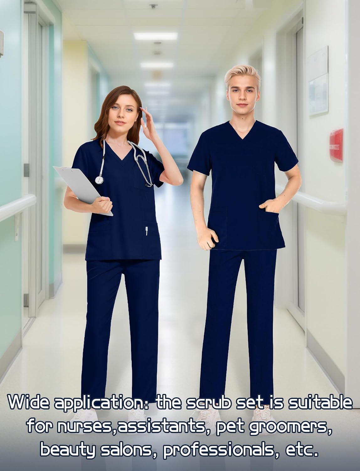 Women Scrub Set 12 Pockets Solid Stretch Scrubs Set Nurse Medical Uniform Workwear Mock Wrap Top and Straight-Leg