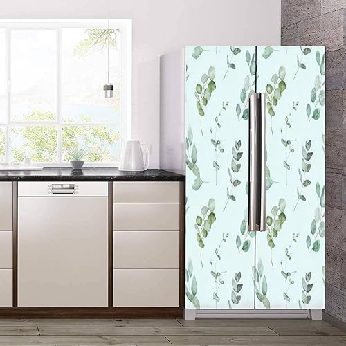 Miniatura 3 de Juego de envoltorio de vinilo autoadhesivo para refrigerador, acuarela, eucalipto, menta, floral, primavera, puerta, mural, extraíble, para nevera,