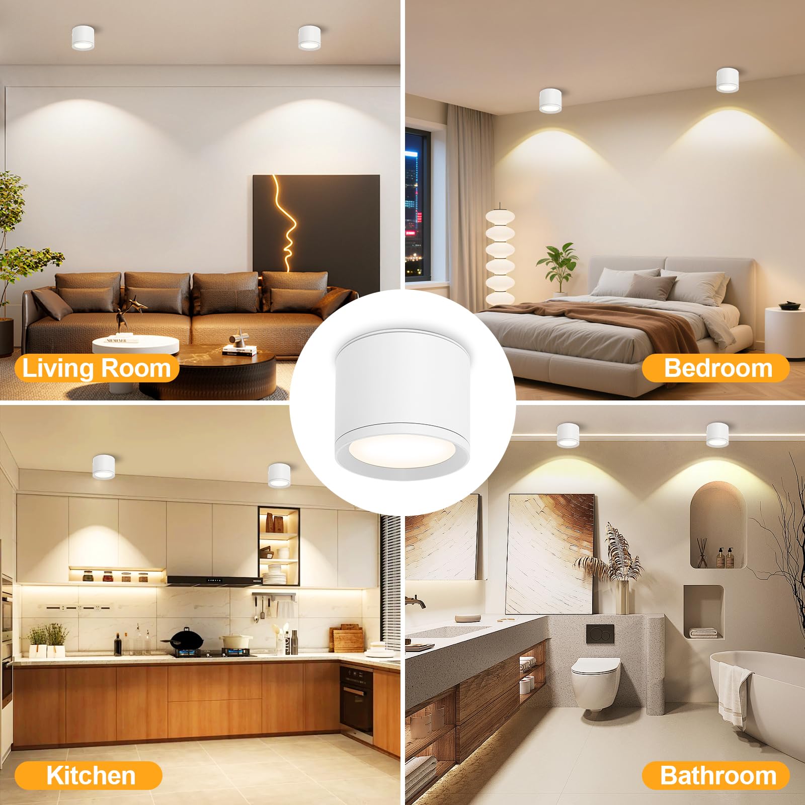 GeyouLux Focos LED Interior Techo IP44, 3CCT 7W 800LM Foco de Techo LED, Ø84x65mm 3000K/4500K/6500K Lámparas de techo para baño, Aluminio Superficie Plafon Techo Blanco 4 piezas