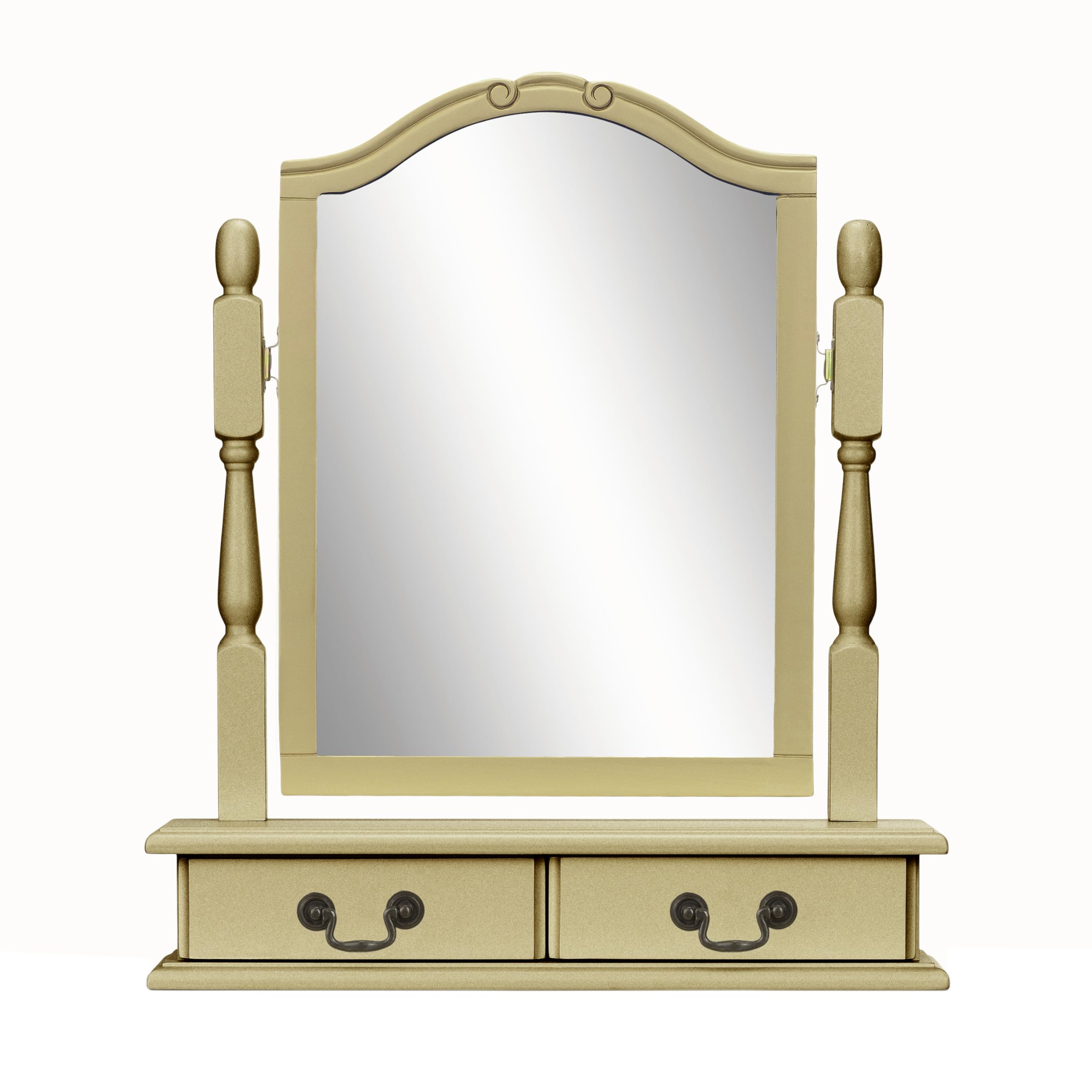 Juliette Trinket Dressing Table Mirror with 2 Drawers | Angle Adjustable, Arched Top with Carving Detail, French Style, Partially Assembled, Choice of White, Champagne or Gold Colour (gold)