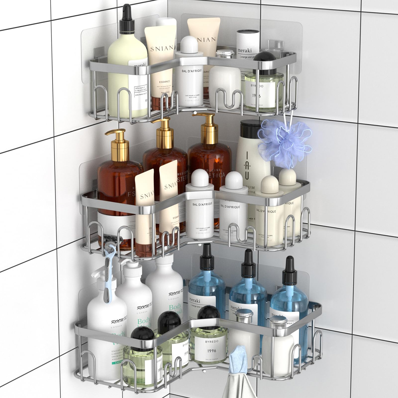 STEUGO 3 Pack Corner Shower Caddy, Corner Shower Shelf with 18 Hooks, Stainless Steel Adhesive Shower Organizer Corner Shower Shelves for Bathroom Storage (Silver)