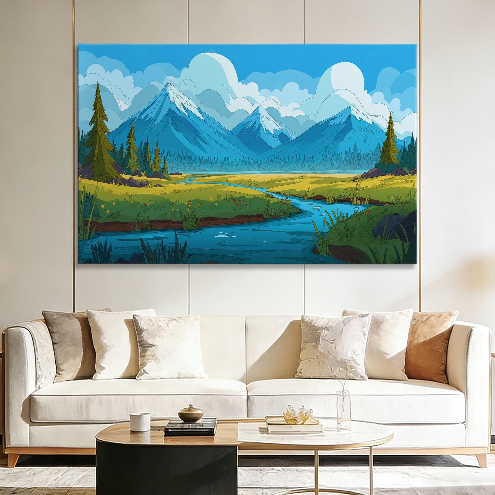 Generisch Cartoon Natürlich Schneeberge Fluss Modernes Leinwandbild 120L x 80B cm mit Rahmen, Eisblau XXL Wanddeko für Wohnzimmer Geschenk Idee Einzug - Hochwertiger Kunstdruck auf Holzrahmen