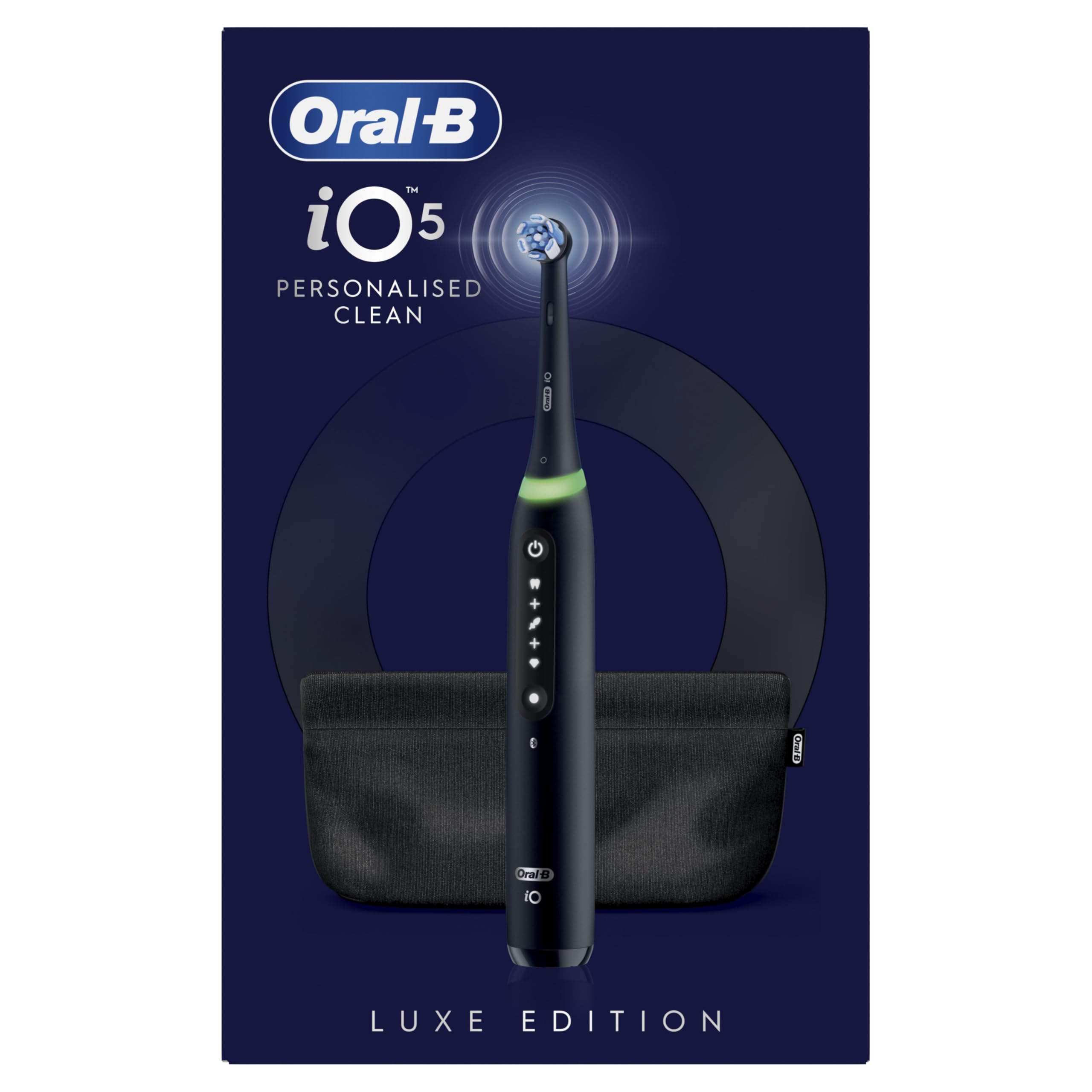 Oral-B iO 5 Cepillo de Dientes Eléctrico con 1 Cabezal, Negro - Cepillo Dental con 5 Modos de Cepillado, Sensor de Presión y Temporizador, /Funda Magnética y Soporte de Recambios