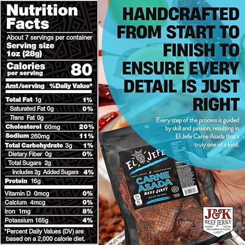 Miniatura 32 de El Jefe Beef Jerky Chile Limon 7oz – Auténtica losa hispana estilo mexicano hecho a mano en pequeños lotes para aperitivos atrevidos y picantes