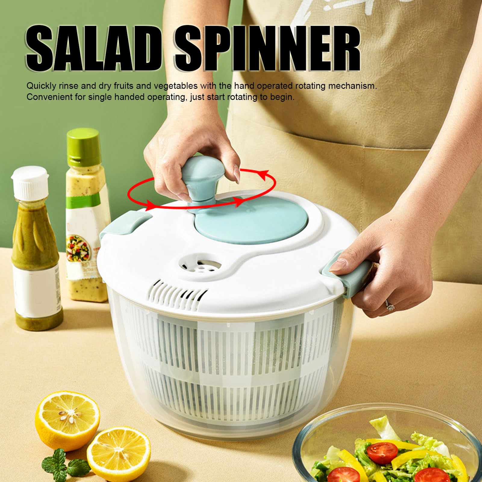 Salad Spinner, 5L Vegetable Washer Dryer Drainer Strainer Multi Use Lettuce Spinner with Bowl and Colander, Vegetable Dryer, Fruit Washer, Pasta and Fries Spinner for Kitchen