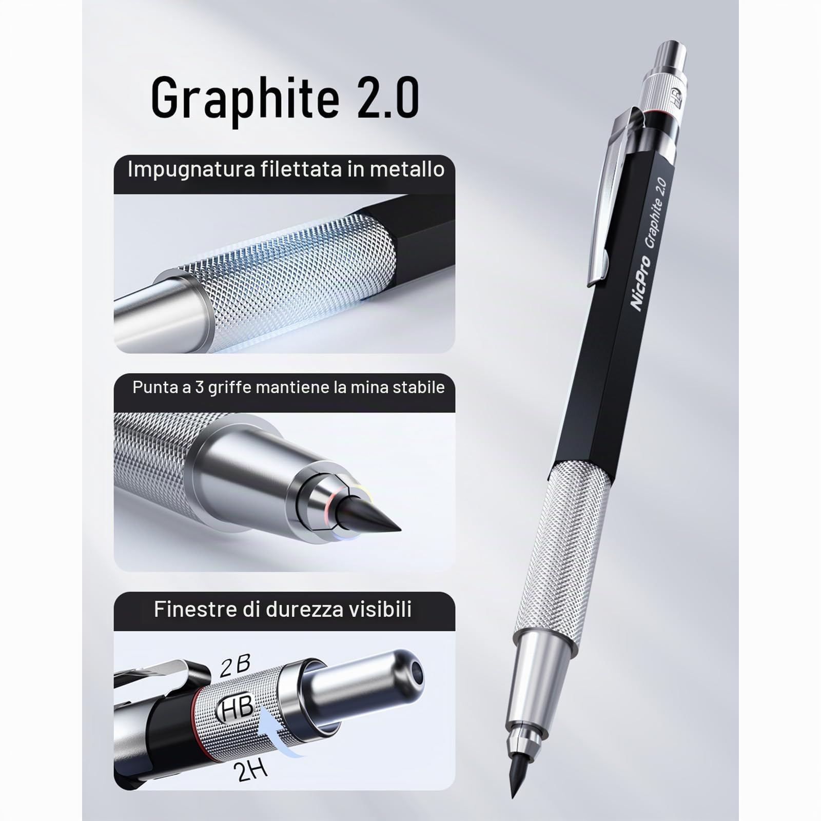 Nicpro 1 Pezzo Matita Meccanica 2mm Portamine Falegname Set con 5 Mine Grafite HB 2H 4H 2B 4B Nero