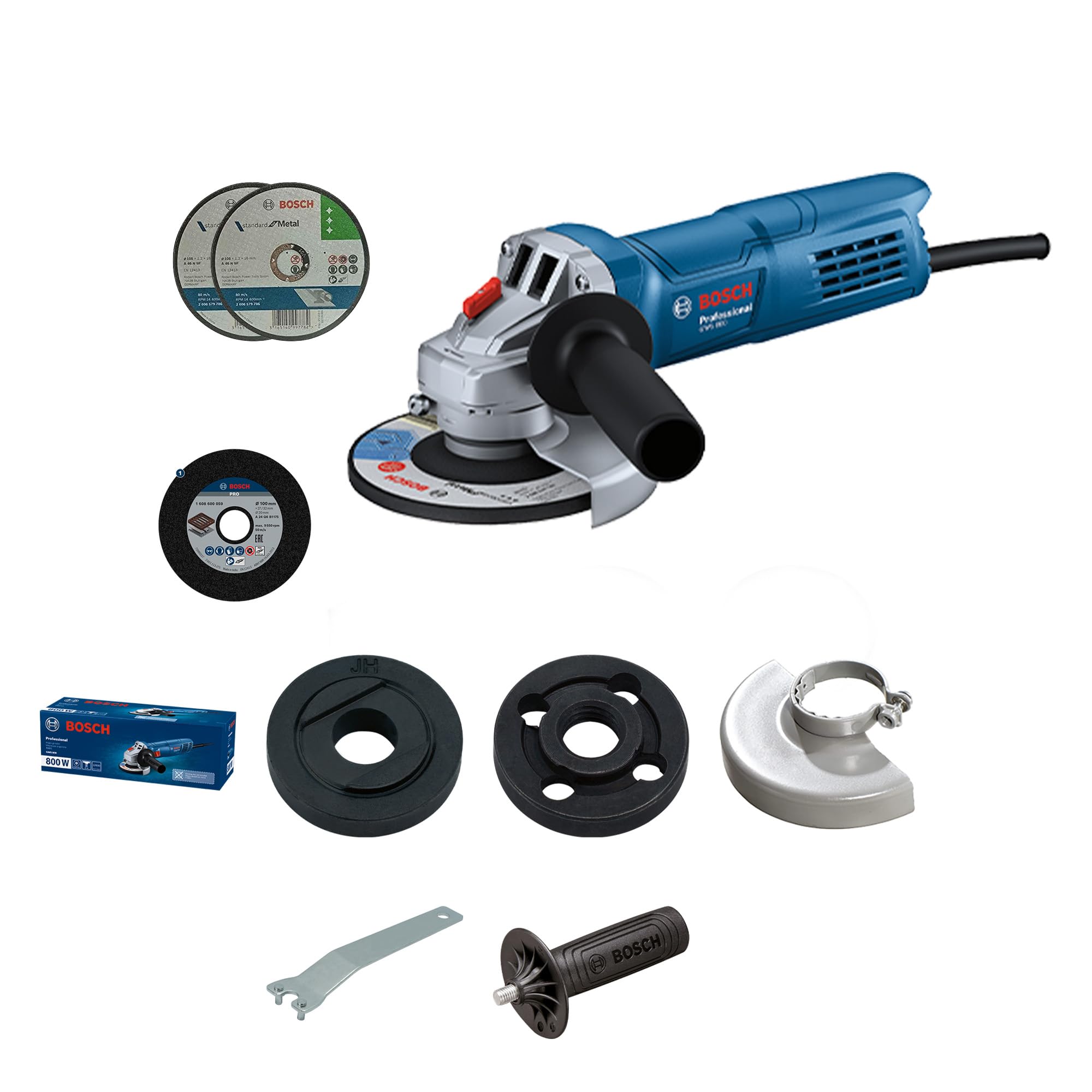 Professional GWS 800 Angle Grinder | 800W Power | No-load Speed of 11000 RPM | 2 Cutting and 1 Grinding Wheel| M10 Grinding Spindle Thread | 100 mm Disc | 1 Year Warranty