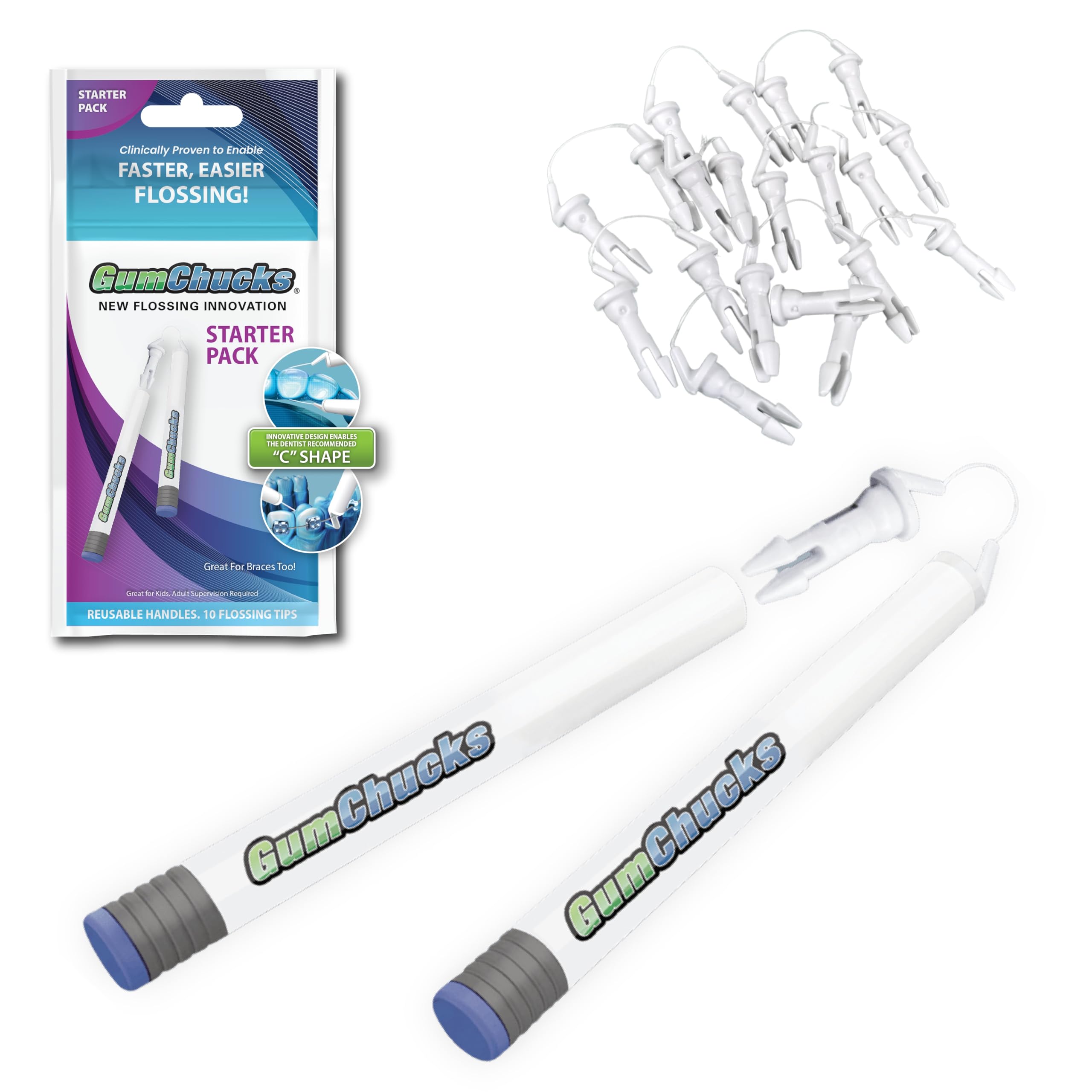 GumchucksOrthodontic Flossers Dental Floss - Floss for Braces - Brace Floss Picks - Gum Flossing Picks - Ortho Dental Flossers (Adult Starter Pack)