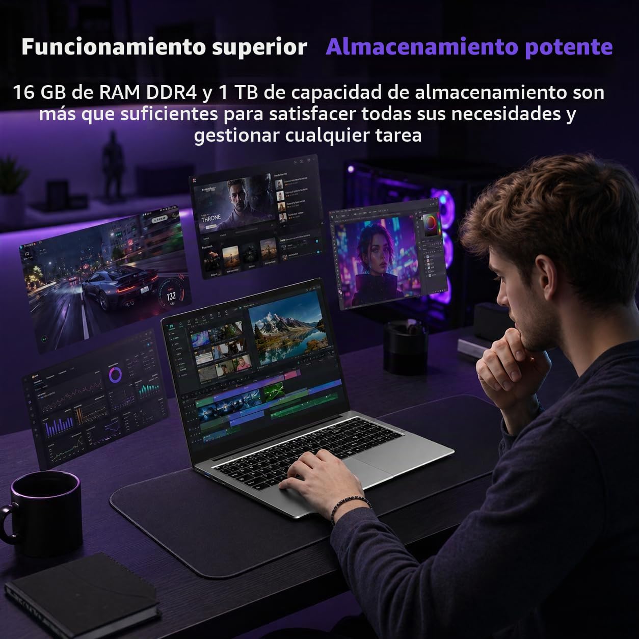 FUNYET Gaming Ordenador Portátil R7 5825U (hasta 4,5 GHz) Laptop 16 Pulgadas RAM 16 GB SSD 1 TB Teclado Retroiluminado Win11 Notebook, 4500 mAh, WiFi 6, HDMI, USB 3.2, BT 5.2, Huellas Digitales