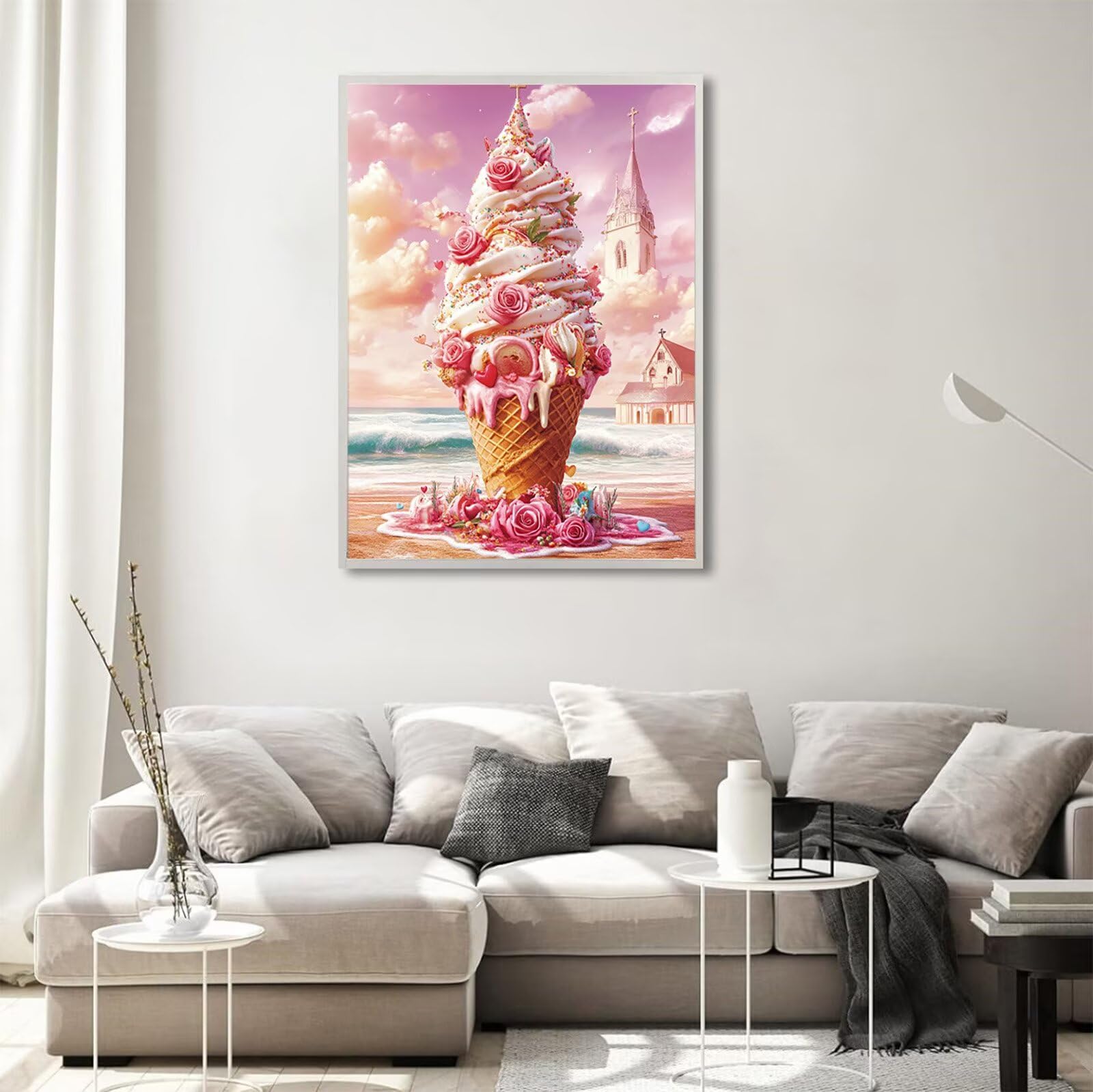 Diamond Painting Rosa, Eiscreme Diamond Painting Erwachsene Eckige Steine Full Drill Diamond-painting, DIY Kreuzstich Bastelset Kreativ Set für Erwachsene, Home Wand Dekor, Geschenke 80x120cm,Model718