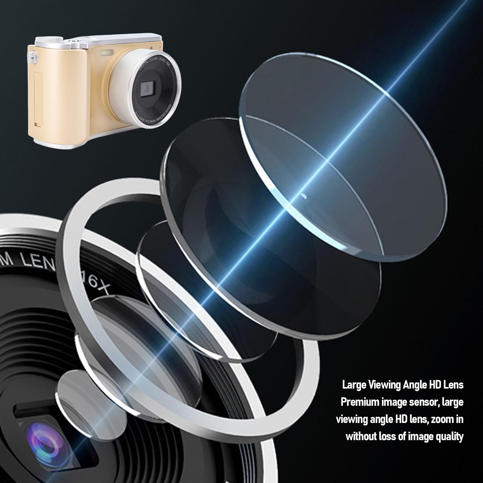 Camera Digitale 4K per Fotografia, Fotocamera da Vlogging da 64 MP con Schermata a Fogli Mobili da 3, Autofocus Zoom Digitale 16x, Lente Ad Angolo Largo, per Principianti (GOLD)