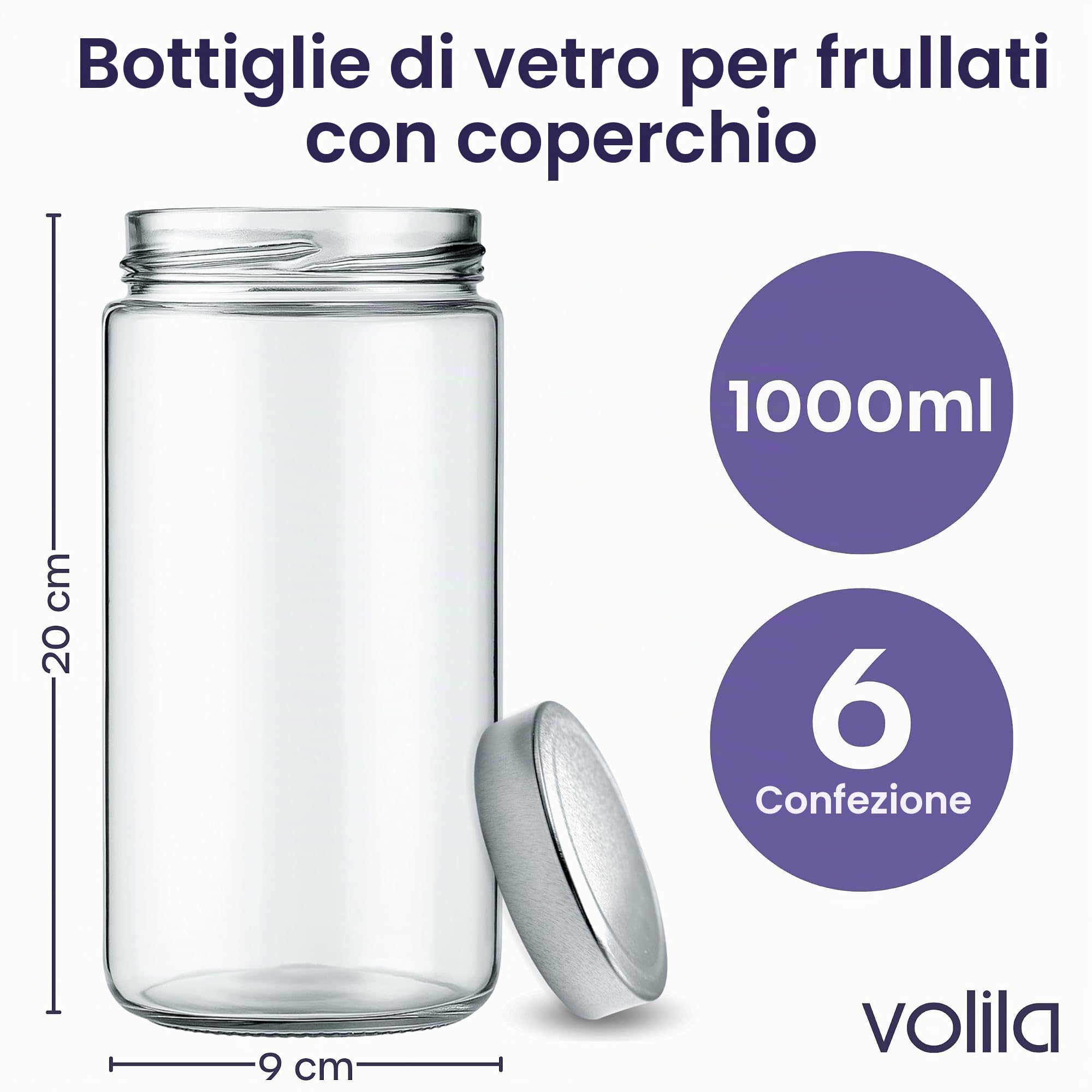 Vaso Vetro con Coperchio 1000 ml - Confezione da 6, Bottiglie di Vetro a Tenuta Stagna con Coperchi per Chiusura Ermetica, Bottiglia Ideale per Frullati, Milkshake, Salse, Conservazione di Alimenti, S