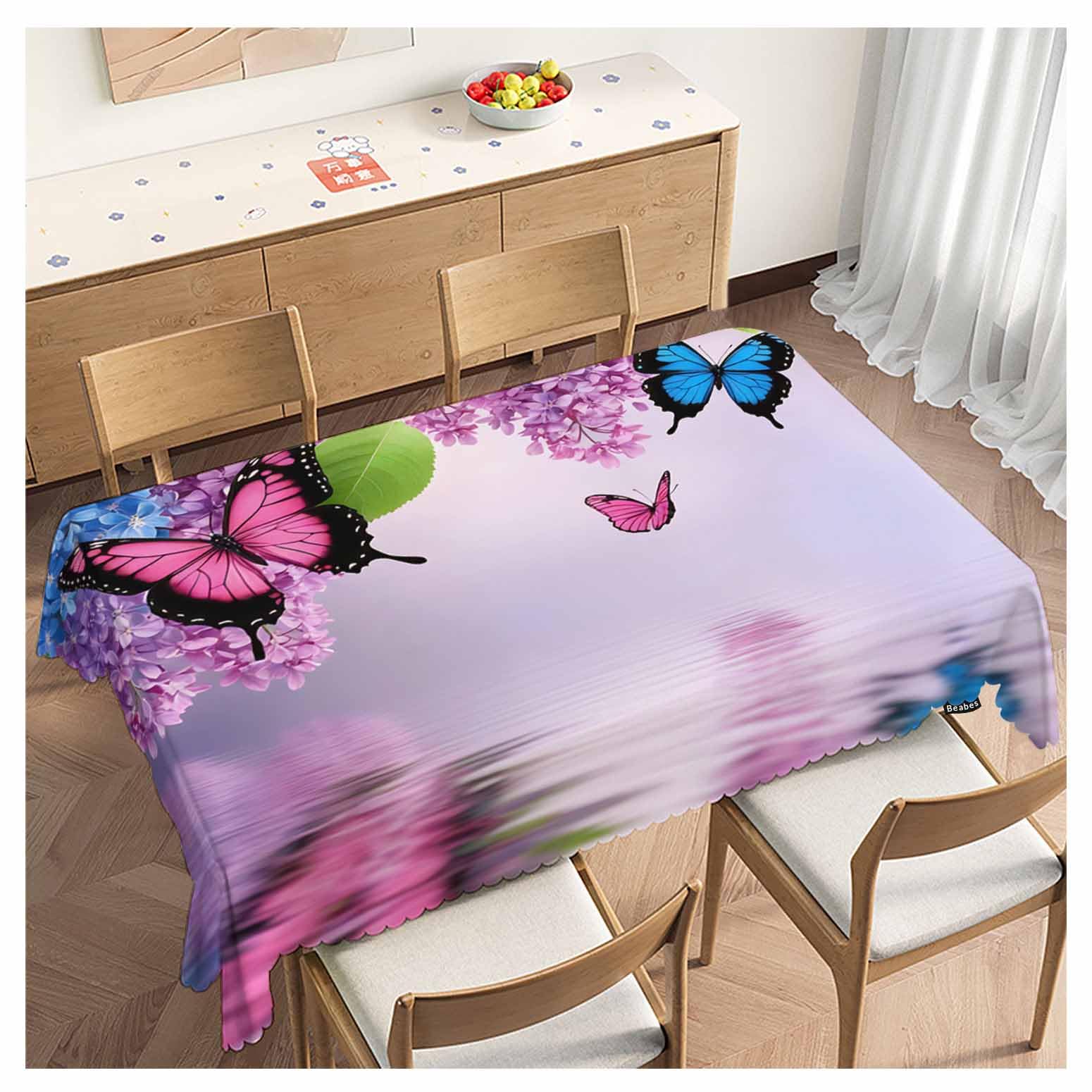 Beabes Butterfly Kitchen Tablecloth Nature Flowers Butterflies Indoor Outdoor Table Cover Anti-Oil Table Cloths for Wedding Banquet Dinner Tablecloths