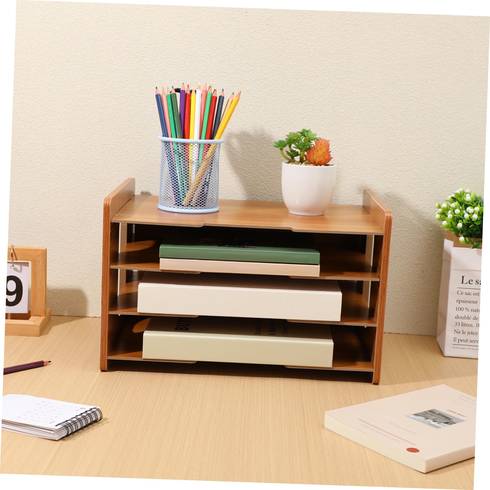 Organizador de Correo de Encimera 4 Capas Diseño Vertical para Oficina y Hogar, Clasificador de Papel de Madera para Documentos, Facturas y Revistas