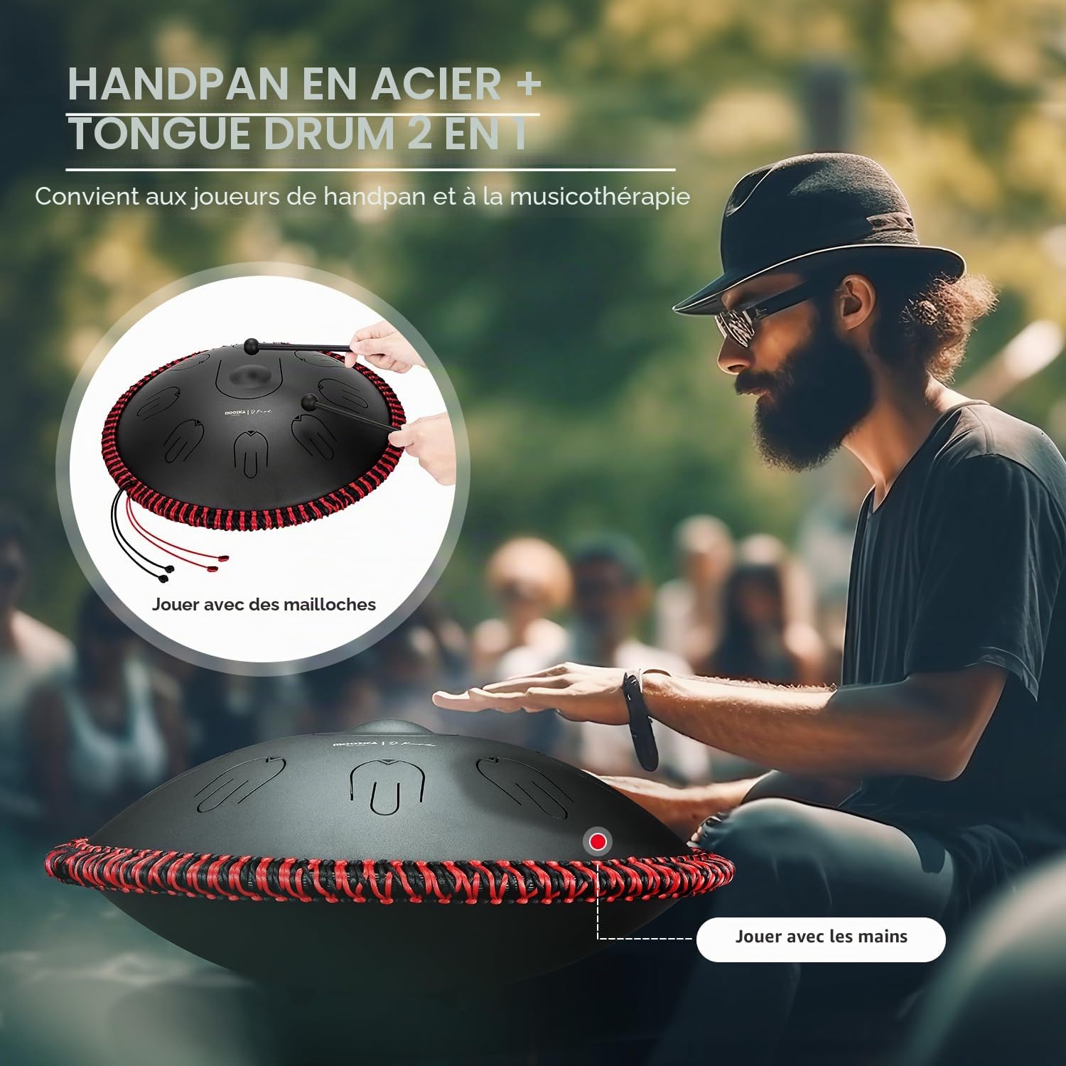 MOOZICA Tongue Drum Handpan, Tambour à Langue 14 pouces 17 notes en D Minor avec Octave Overtone Design, Instrument de percussion Handpan Drum avec sac de transport (D Kurd, Noir)