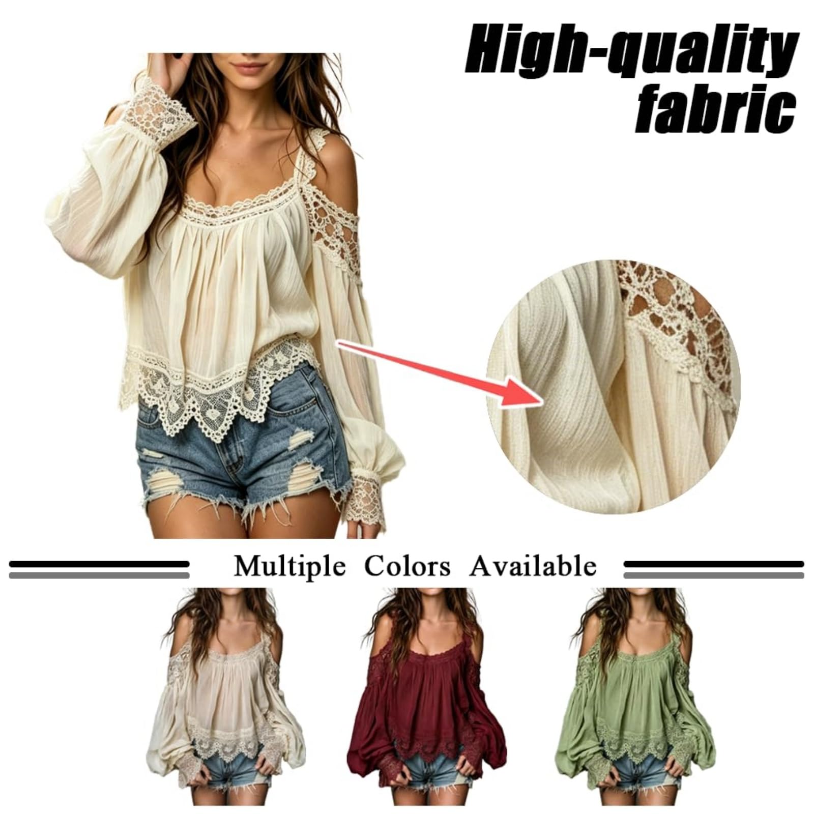 Blusa de Mujer con Detalle de Volantes y Mangas abullonadas - Tirantes, Capas, Encaje, Estilo Vintage, Hombros Descubiertos, bajo Irregular, Estilo Bohemio