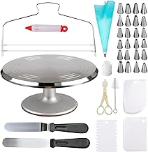 Cake Decorating Supplies Aluminium Alloy Revolving Cake Turntable with 12.7'' Angled Icing Spatul Cake Leveler Comb Icing Smoother Banking Supplies Cake Stand Baking Supplies