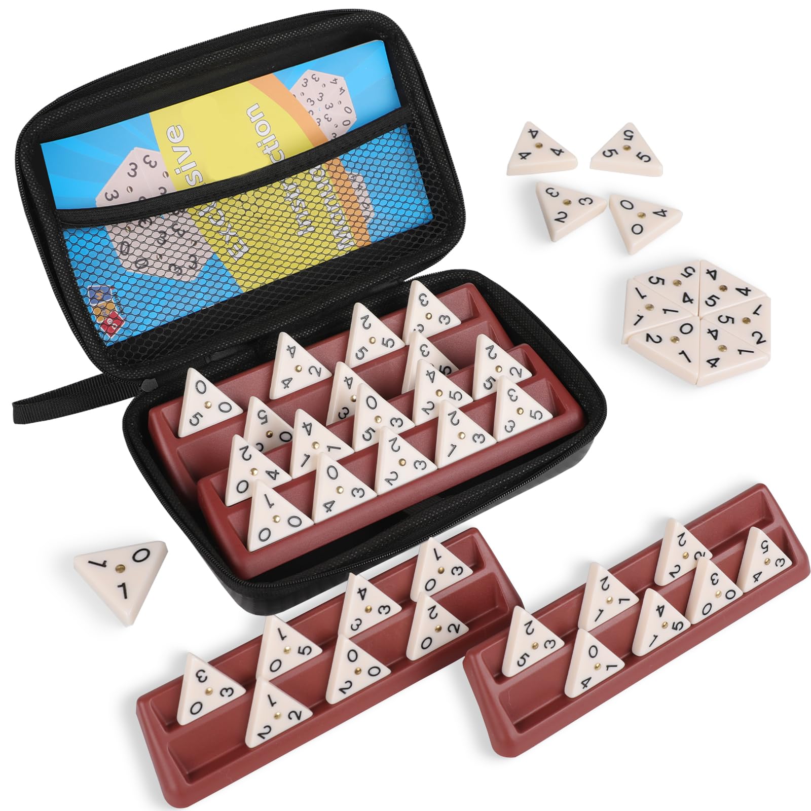 Triangle Domino Game Set with 56 Triangular Domino Tiles & Brass Spinners | Includes 4 Plastic Racks + Travel Case + Friendly Instruction | Classic Family Strategy Board Game for Ages Kids & Adults
