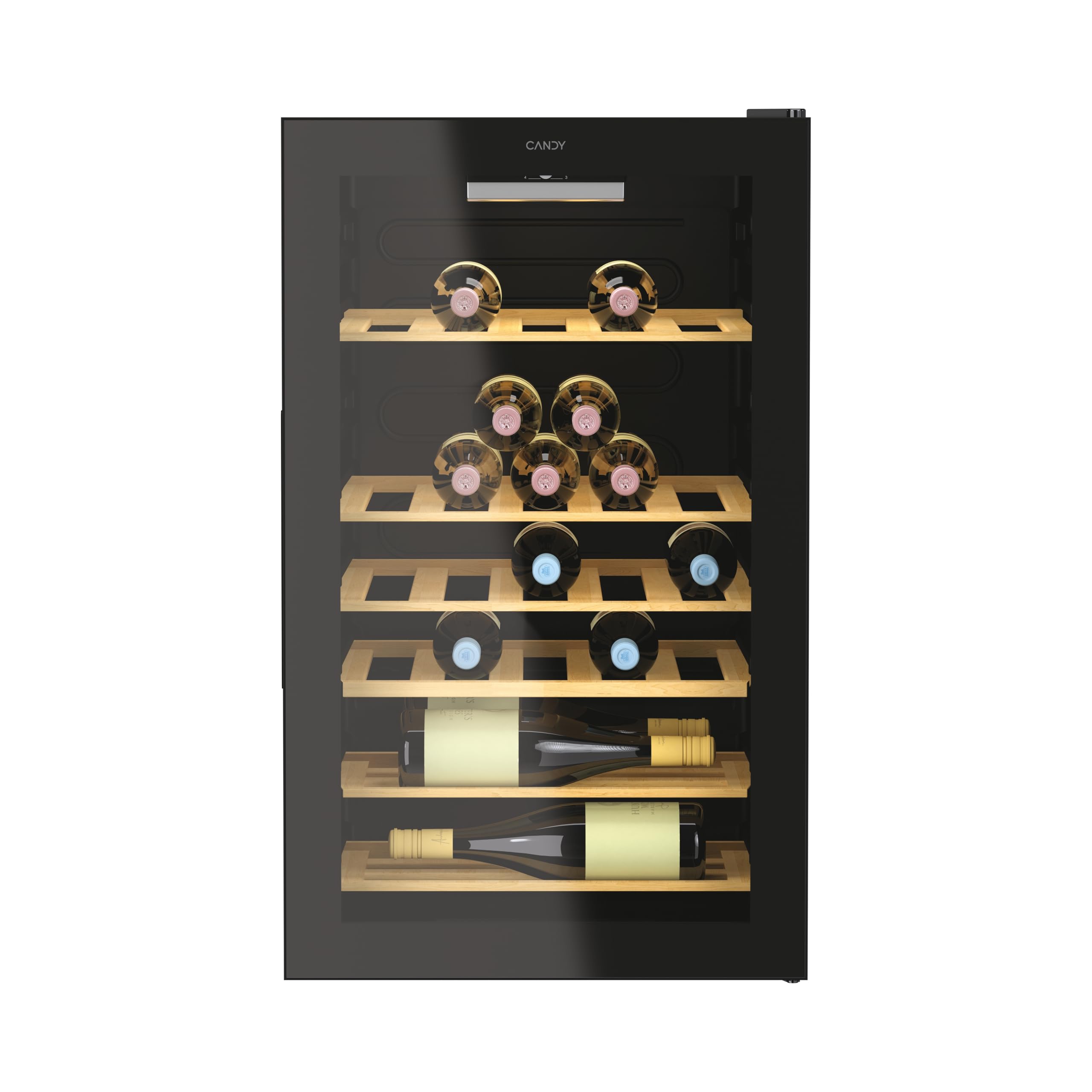CANDY DiVino, Cantinetta vino a libera installazione 41 bottiglie con porta in vetro e luce LED, compatta e salvaspazio, A×P×L 84,5×54,5×49 cm, Nera – CWC 150 MHF