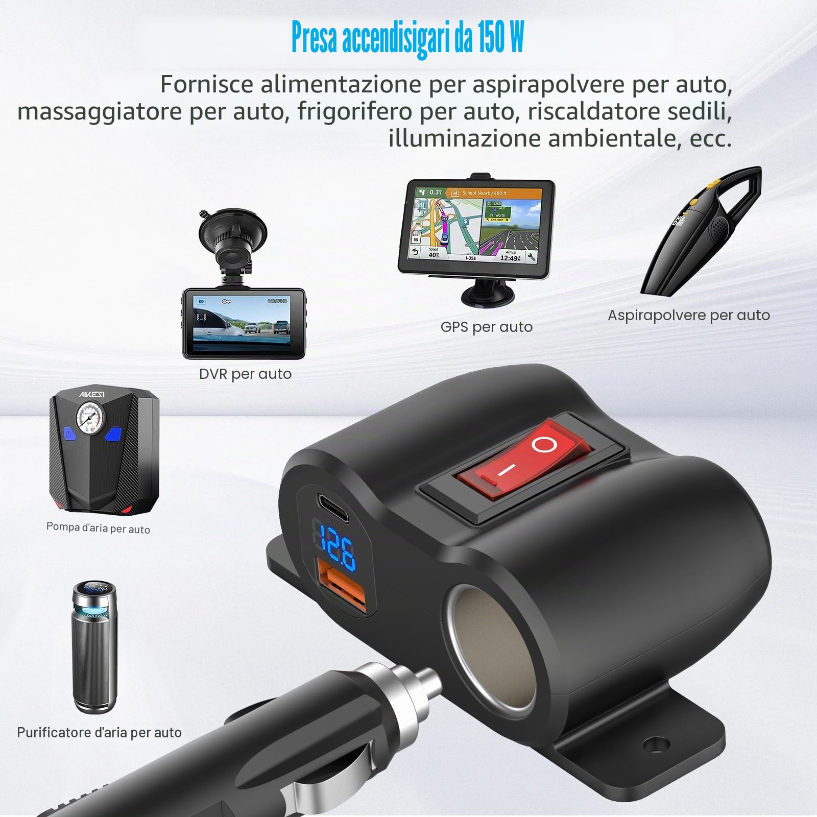 Pannello di Linea 2 in 1 Preassemblaggio Presa USB 12V Presa Accendisigari, PD 30W e Caricatore di Porte USB per Auto QC3.0 con Voltmetro a LED, Adattatore Presa 120W con Interruttore per Auto Barca