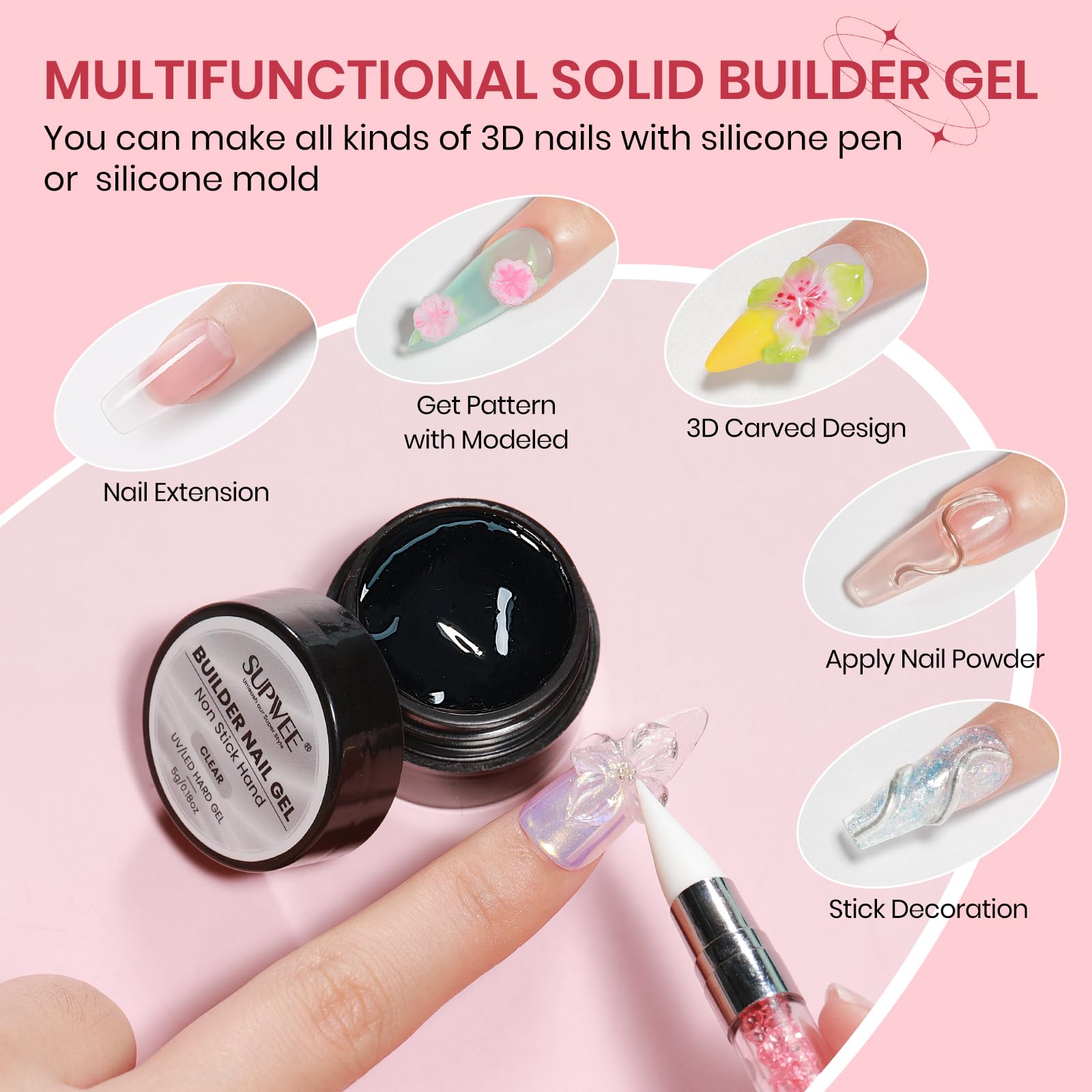SUPWEE Clear 3D Gel Nail Art, 3 sztuki solidnych żelów do paznokci z silikonowym pisakiem, żel 3D do rzeźbienia paznokci i dekoracji, do domu, salonu DIY, 5 g