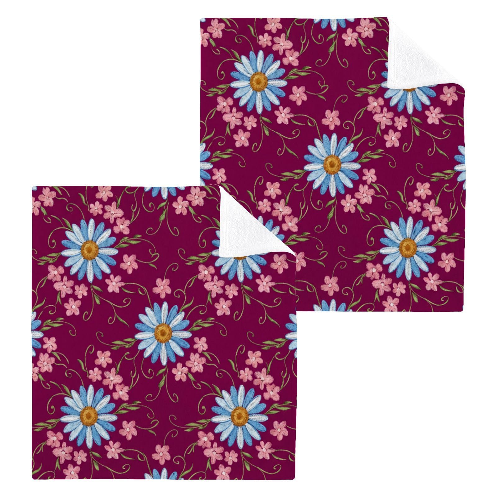 BOESI Embroidered Daisy Pattern 12x12in Cotton Washcloth,Face Towel