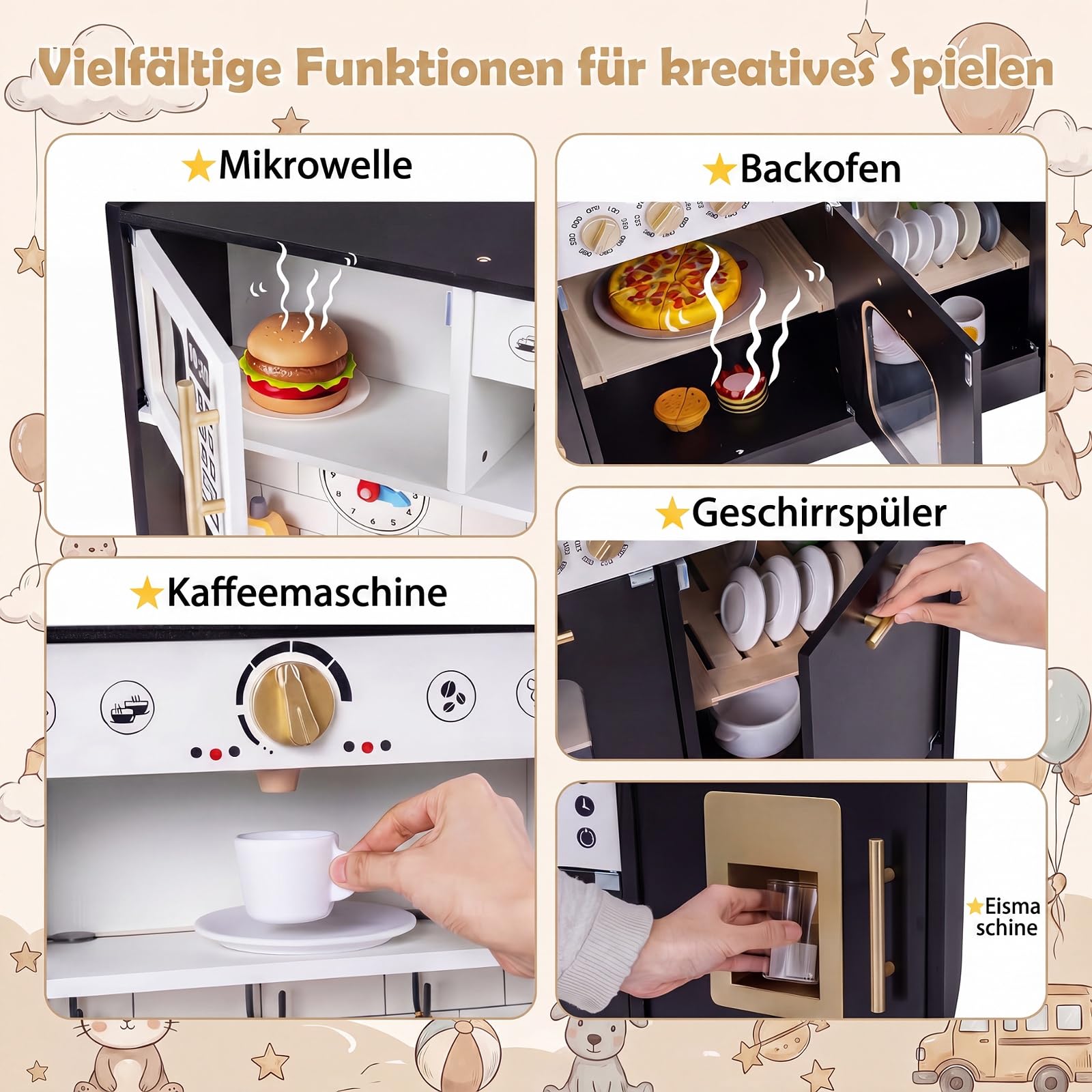 DREAMADE Kinderküche Holz, Spielküche mit Licht & Sound (Schwarz) | Kinder Küche mit Mikrowelle, Backoffen, Kaffeemaschine, Eiswürfelmaschine & Spülmaschine, Puppenküche für Kinder ab 3 Jahren