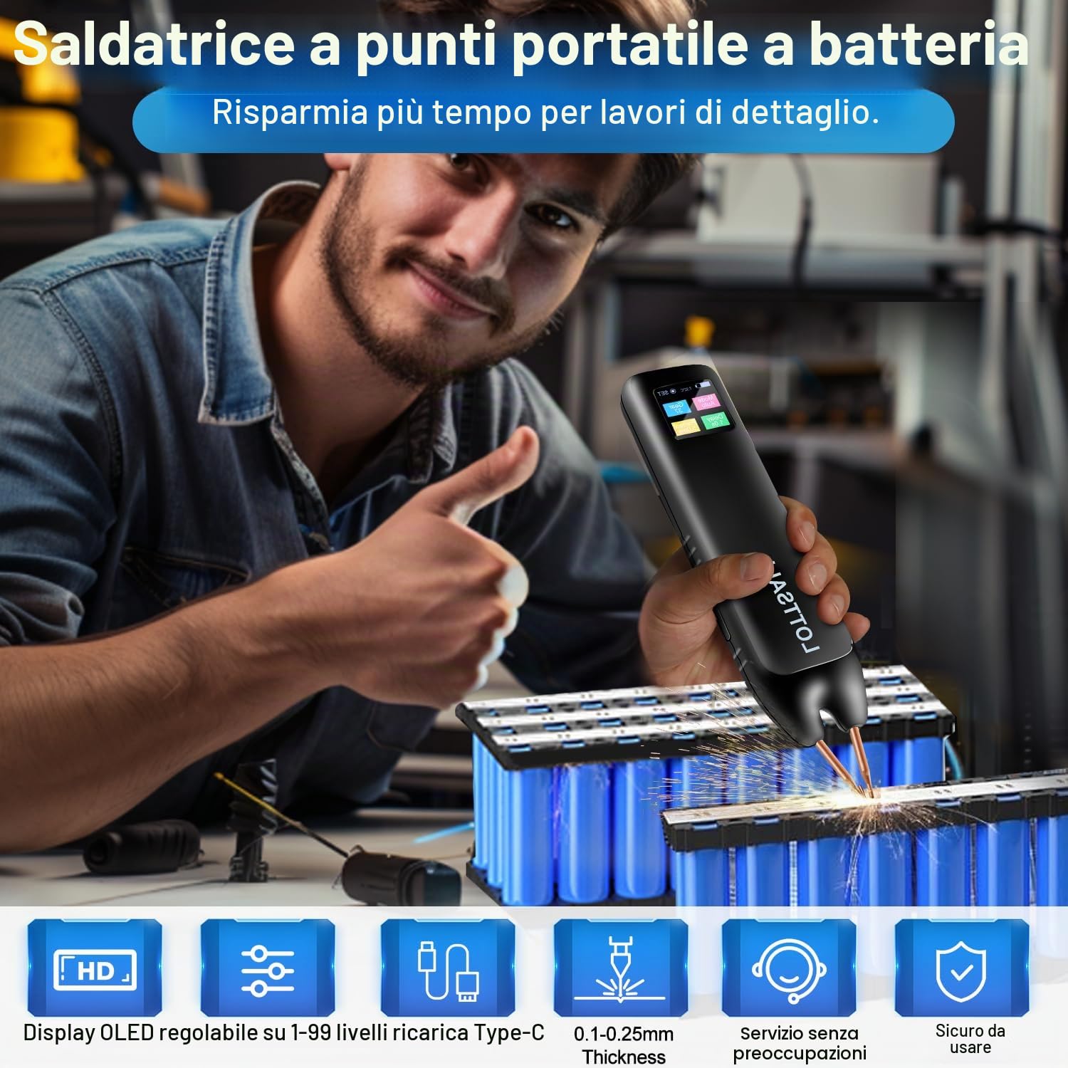 Saldatrice a punti con batteria, saldatrice a punti manuale con modalità automatiche e manuali, 99 velocità regolabili per batterie fai da te, indicatore LED