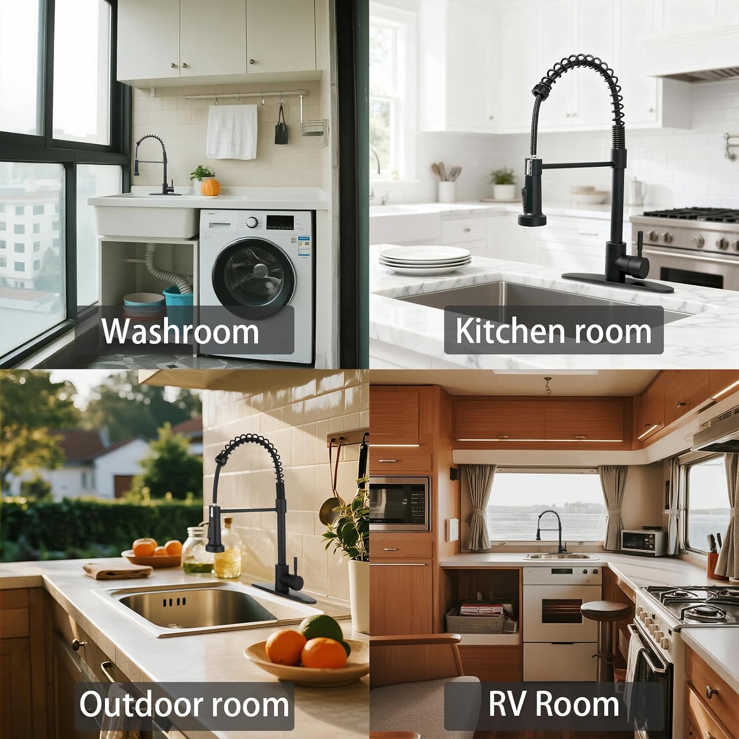 MORN MOON Matte Black Kitchen Faucet with Multifunctional Pull Down Sprayer 1 or 3 Hole Single Handle Stainless Steel Spring Faucet for Bar Farmhouse Outdoor RV & Laundry (Matte Black)