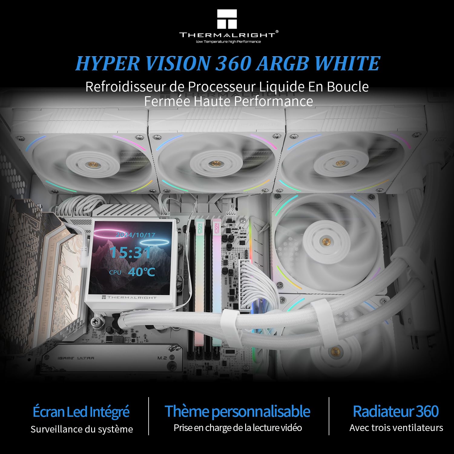 Thermalright Hyper Vision 360 ARGB Blanc AIO CPU Refroidisseur liquide, écran LCD IPS avec résolution 480x480, pour AM5 / Intel LGA1851 / 1700, écran LCD absorbant magnétique de 3,95 pouces