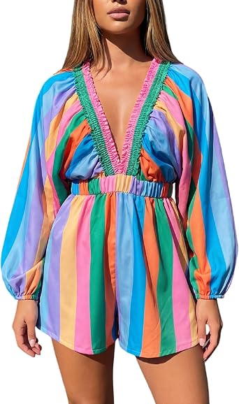 Women Deep V-Neck Rompers Stripe Floral Bubble Sleeve Summer Short Jumpsuits Playsuits Streetwear