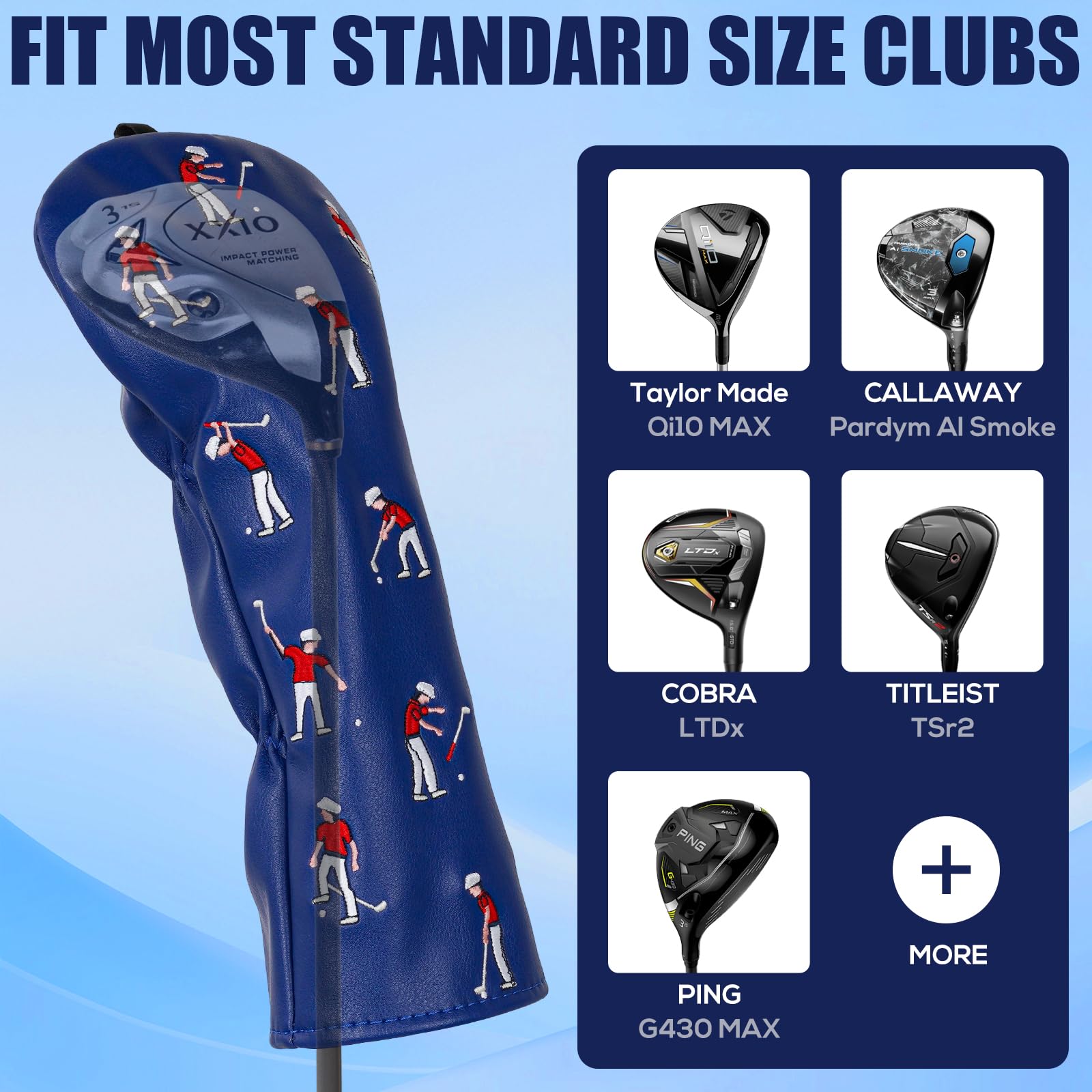 Golfschlägerhauben aus Holz für Driver/Fairway/Hybrid/(1.F.H) blaues PU-Leder-Golfer-Muster
